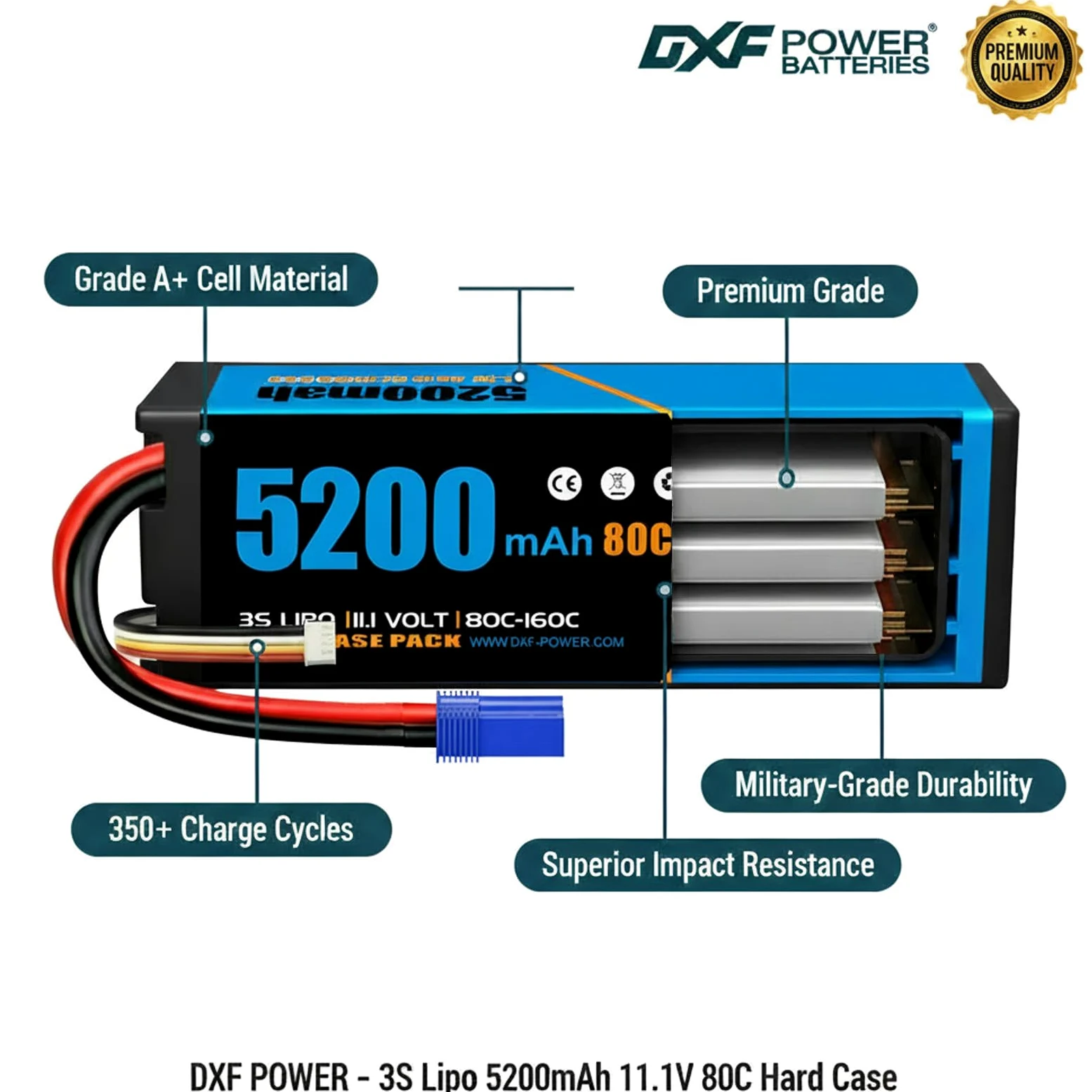 DXF Batteria LiPo 3S 11.1V 5200mAh 80C Spina EC5 Elicottero Aereo Barca Auto RC Alte Prestazioni Potente Leggera Gare Racing Modellismo Brushless 2 Pezzi