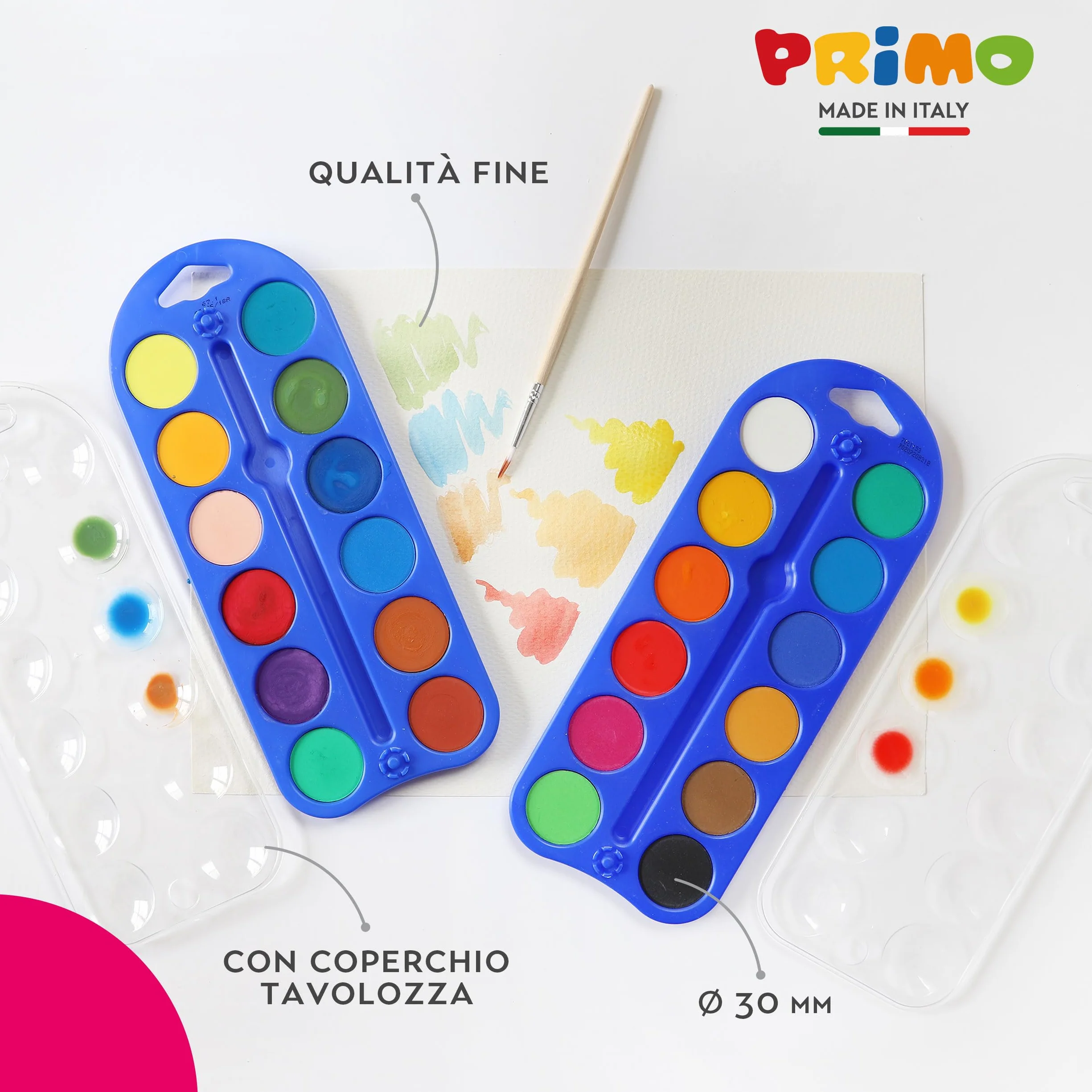 PRIMO - Acquerelli per Bambini Artisti con 24 Colori Ø30 mm + 1 Pennello Acquerello per Dipingere, Kit Tavolozza per Dipingere Pittura, Colori per Bambini +5 Anni Acquerellabili per Lavoretti Creativi