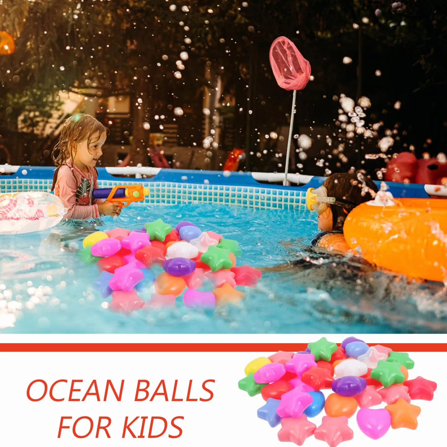 100 palline colorate dell'oceano a forma di cuore e stella, per bambini – giocattoli da nuoto in plastica per balli, feste e tempo di gioco