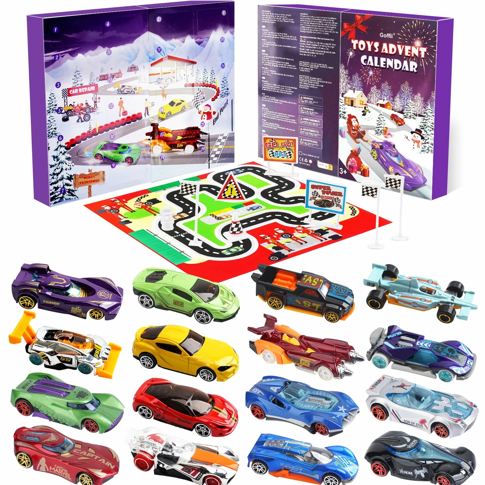Calendario Avvento 2025, Calendario dell'Avvento per Bambini 3-12 Anni, Calendario per il Conto alla Rovescia di 24 Giorni Natale Regalo con 16 Macchinine, Mappa e 6 Personaggi dei Cartoni Animati