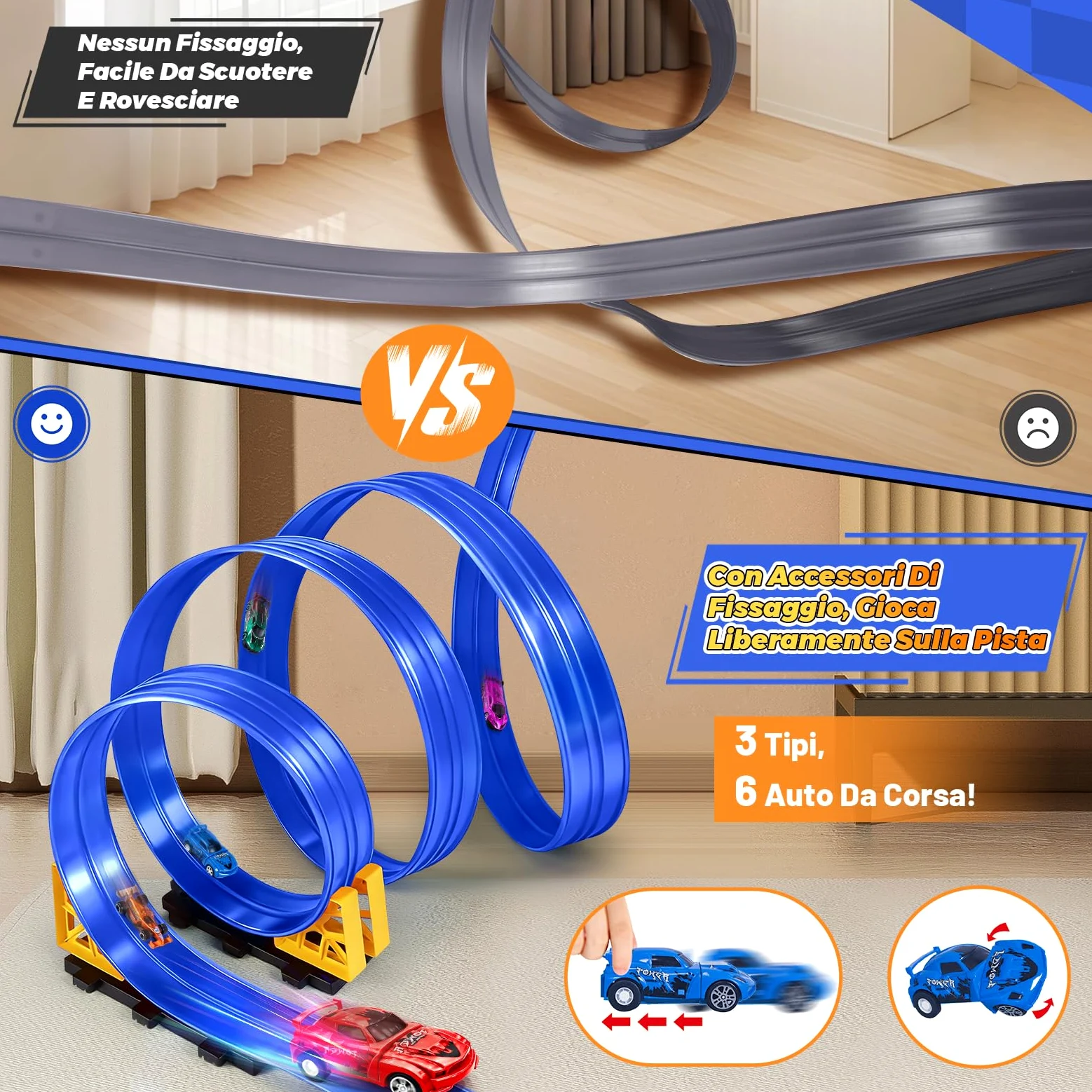 Pista Macchinine 5M Pista Flessibile Macchinine 4 Macchinine 2 Rampe 1 Borsa Portaoggetti 4 Ventose Regalo Flexible Car Track per Bambini 4 5 6 7 Anni (Blu)