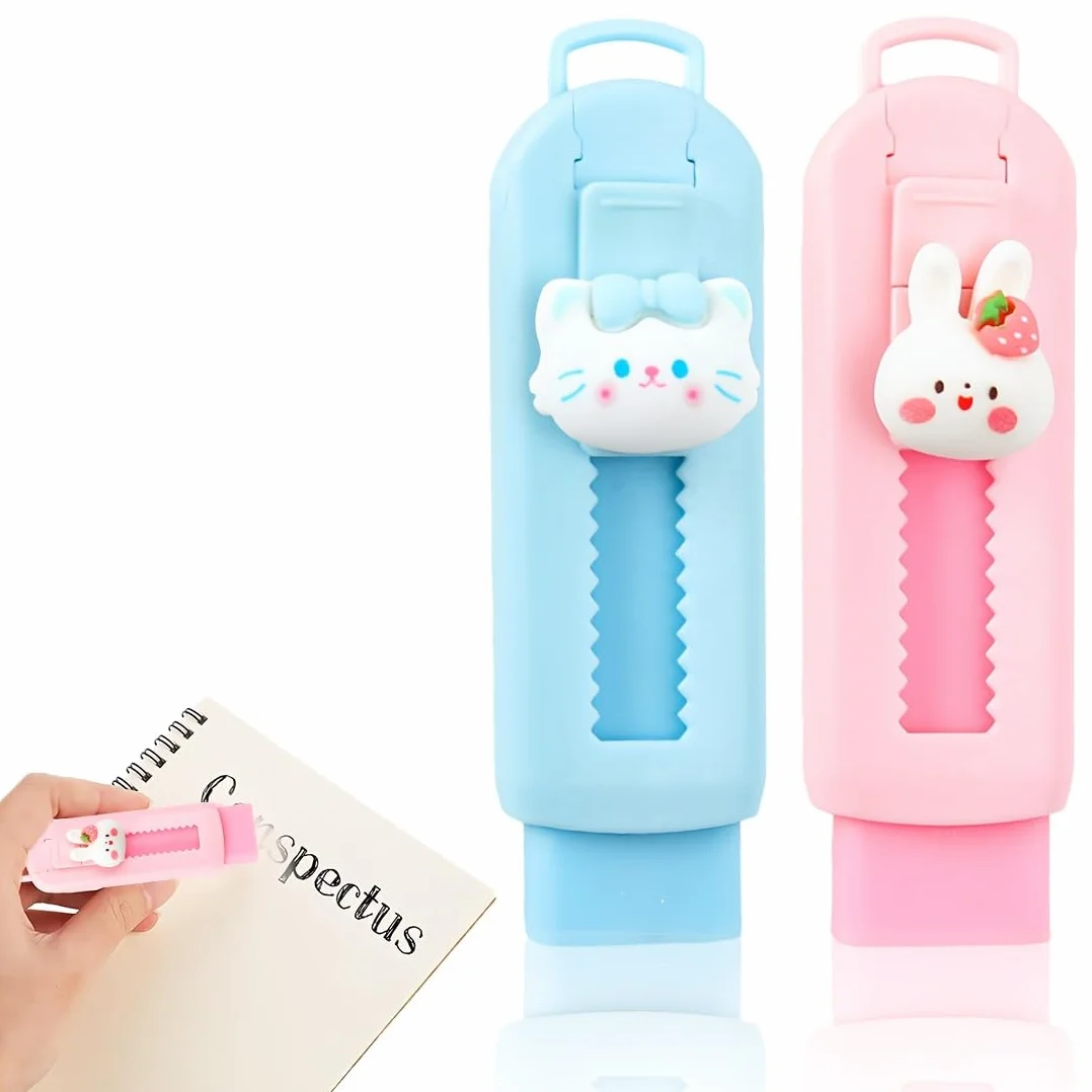 2 Pezzi Gomma Retrattile - Meow, Cancelleria per Cancellare Matite e Pastelli, Gomma a forma di coniglietto e gattino, Ideale per Scuola Ufficio, Idea Regalo Simpatica, 2,5 x 8,8 x 1,5 cm, Tema Kitty