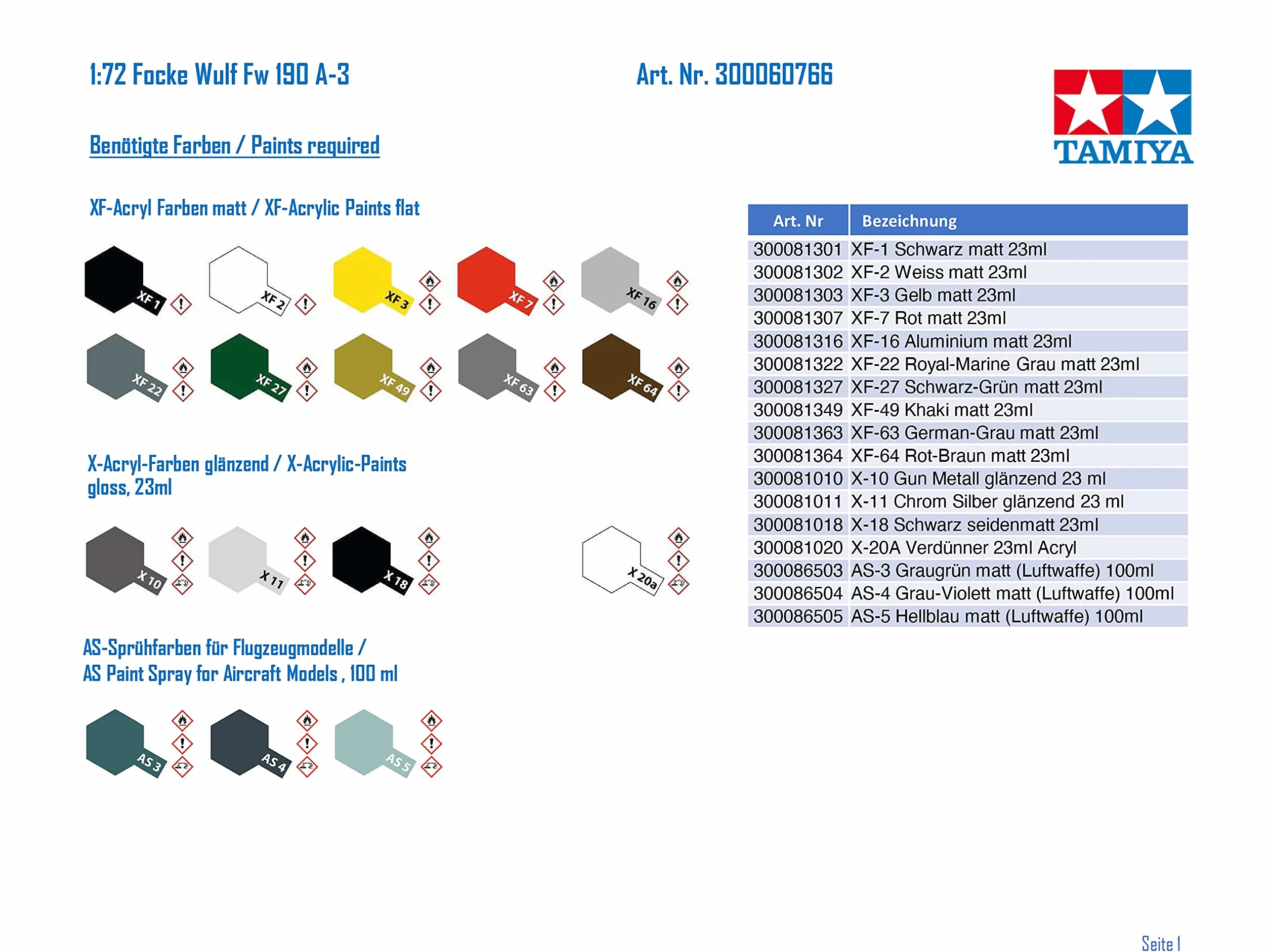 Tamiya 60766 Modellino Focke Wulf FW190A-3 Scala 1:72