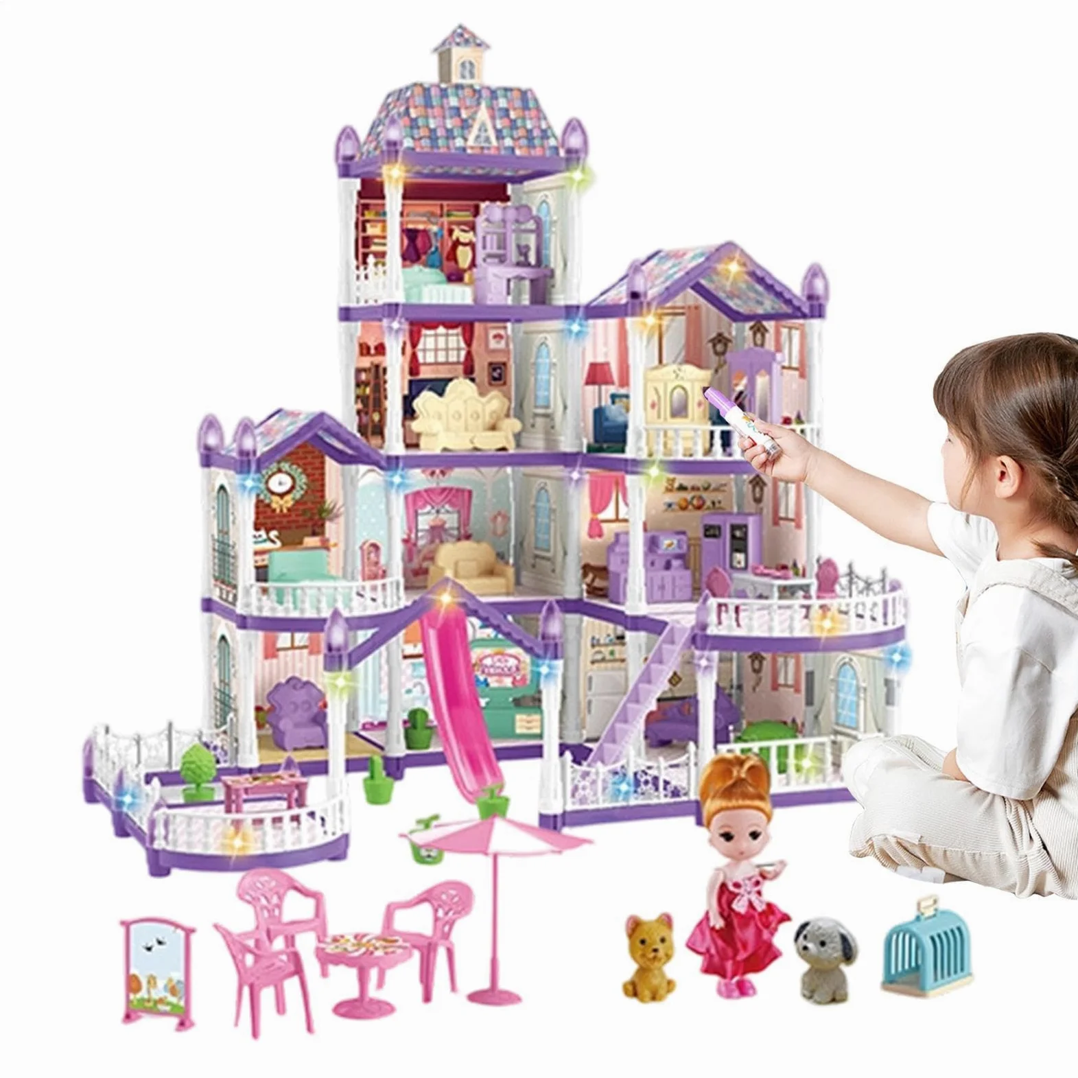 Casa delle Bambole per Bambine 4 Piani 13 Stanze Da Montare Miniatura | Villa Giocattolo Con 3 Principesse, 2 Cuccioli e Arredamento Per Bambine 4-6 di Ruolo Indoor Regalo per Feste