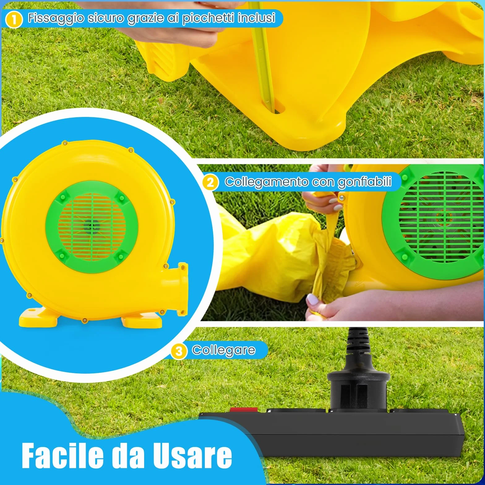 COSTWAY Ventilatore di Aria del Castello Gonfiabile, Soffiatore per Giochi Gonfiabili con Cavo di Alimentazione, Picchetti da Terreno, per Castello Gonfiabile, Scivolo Acquatico 450W
