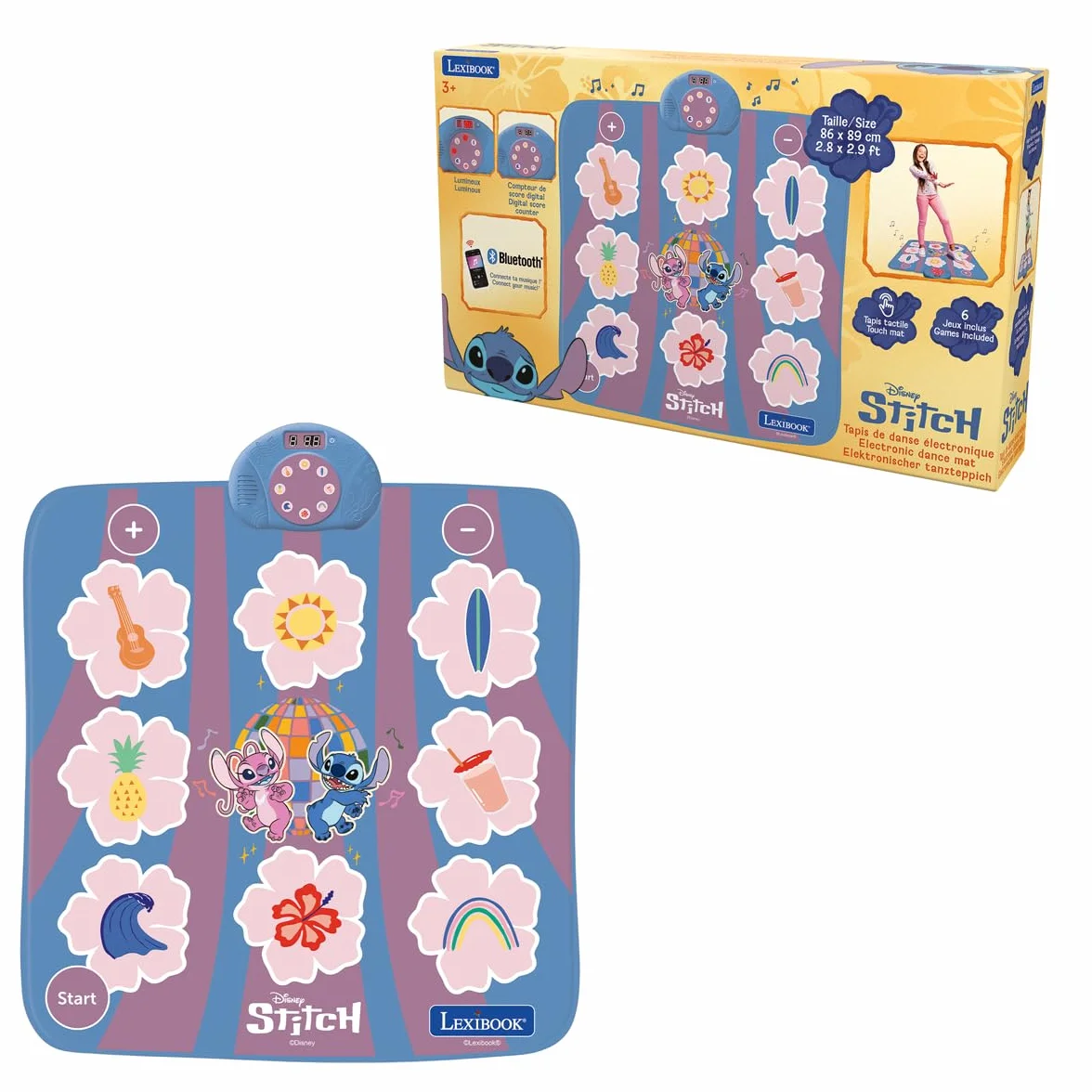 Lexibook, Disney Stitch, Tappeto da Ballo elettronico Stitch, Bluetooth e Luminoso con 6 modalità di Gioco, Rosa, DM10DLXB