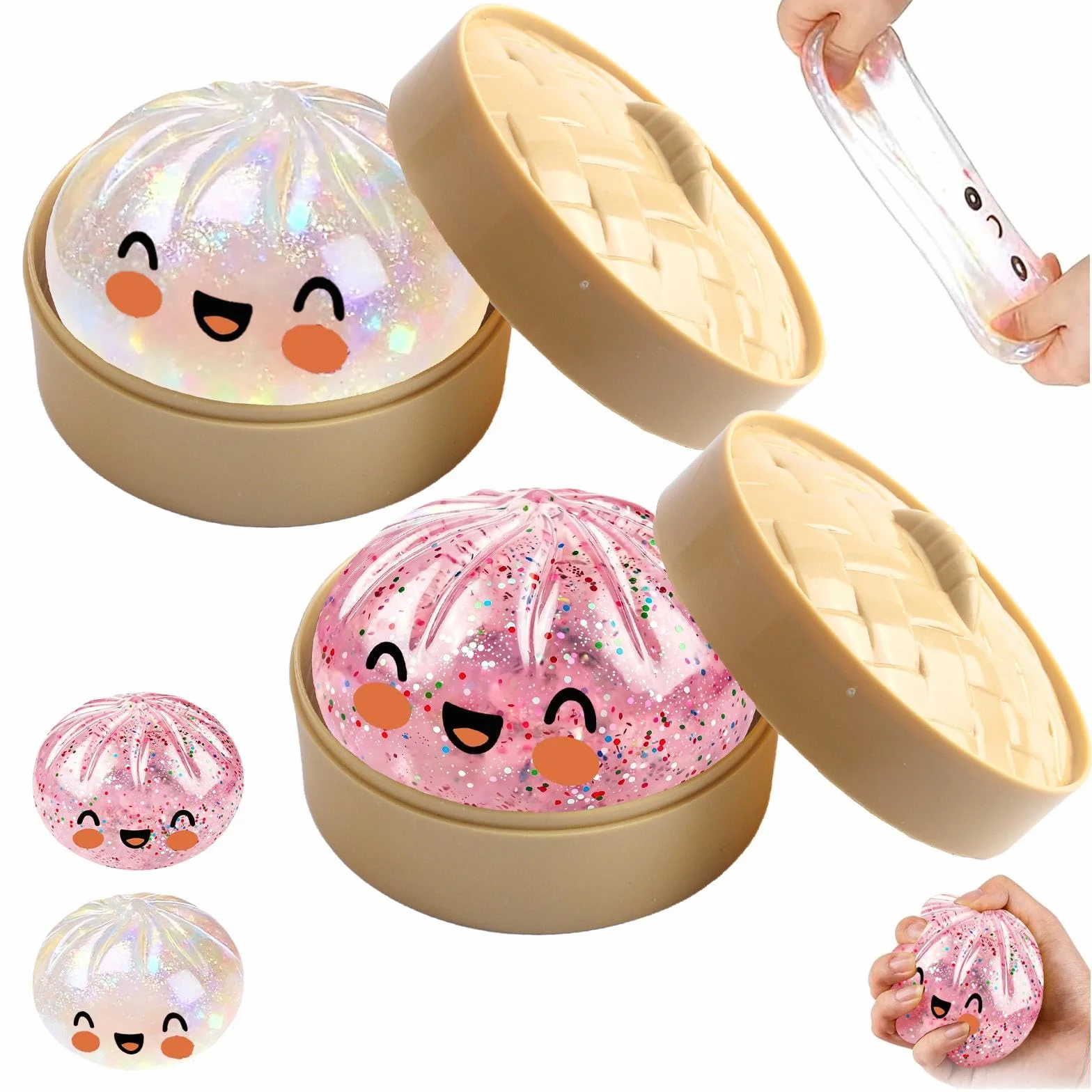 Giant Dumpling Squishy Mystery Glitter Ravioli Palla Antistress Bao Bun Con Vaporiera Bambini Adulti Rosa Trasparente