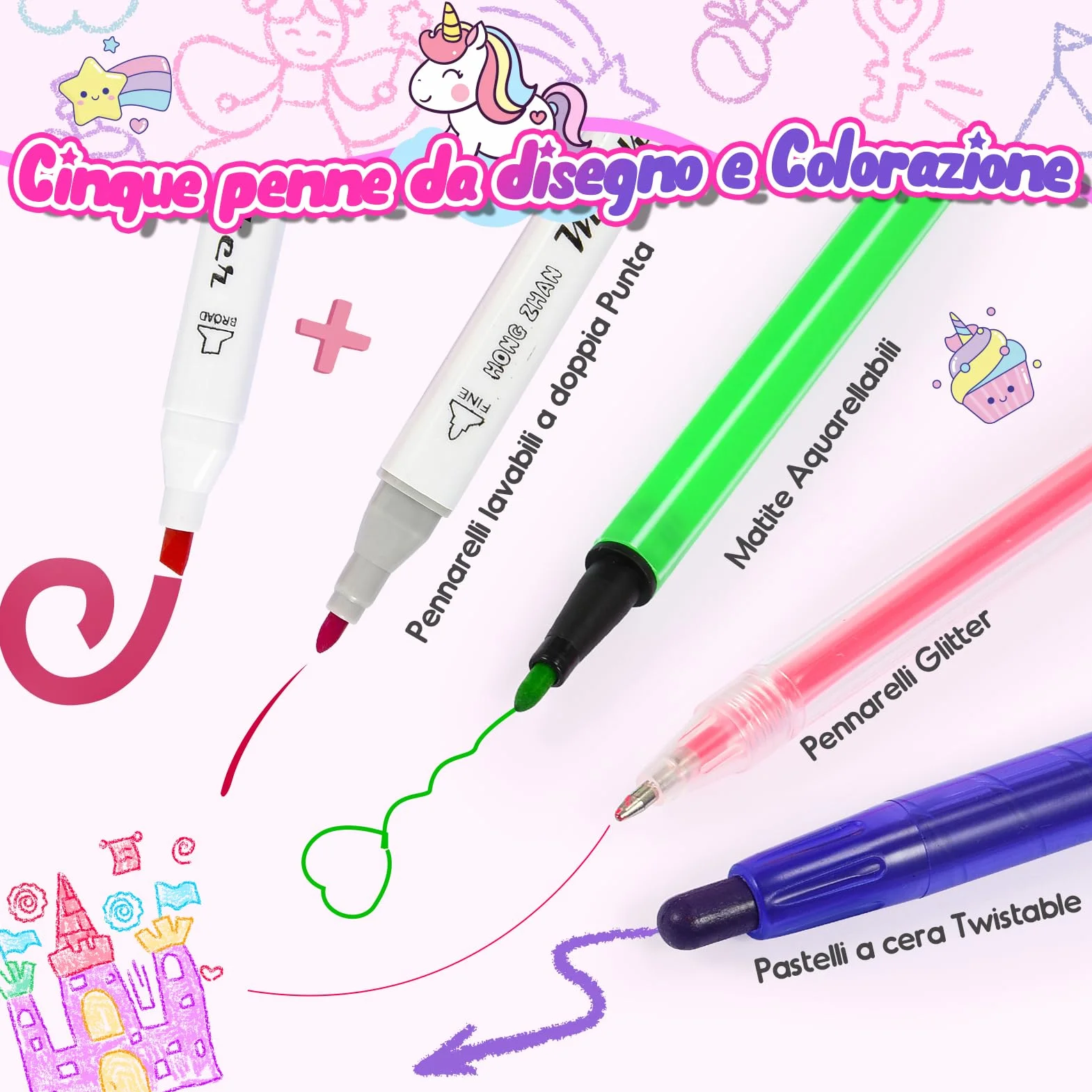 HappyGoLucky Valigetta Colori per Bambini Kit Disegno Acquerelli Pastelli Pennarello Impermeabile Rosa