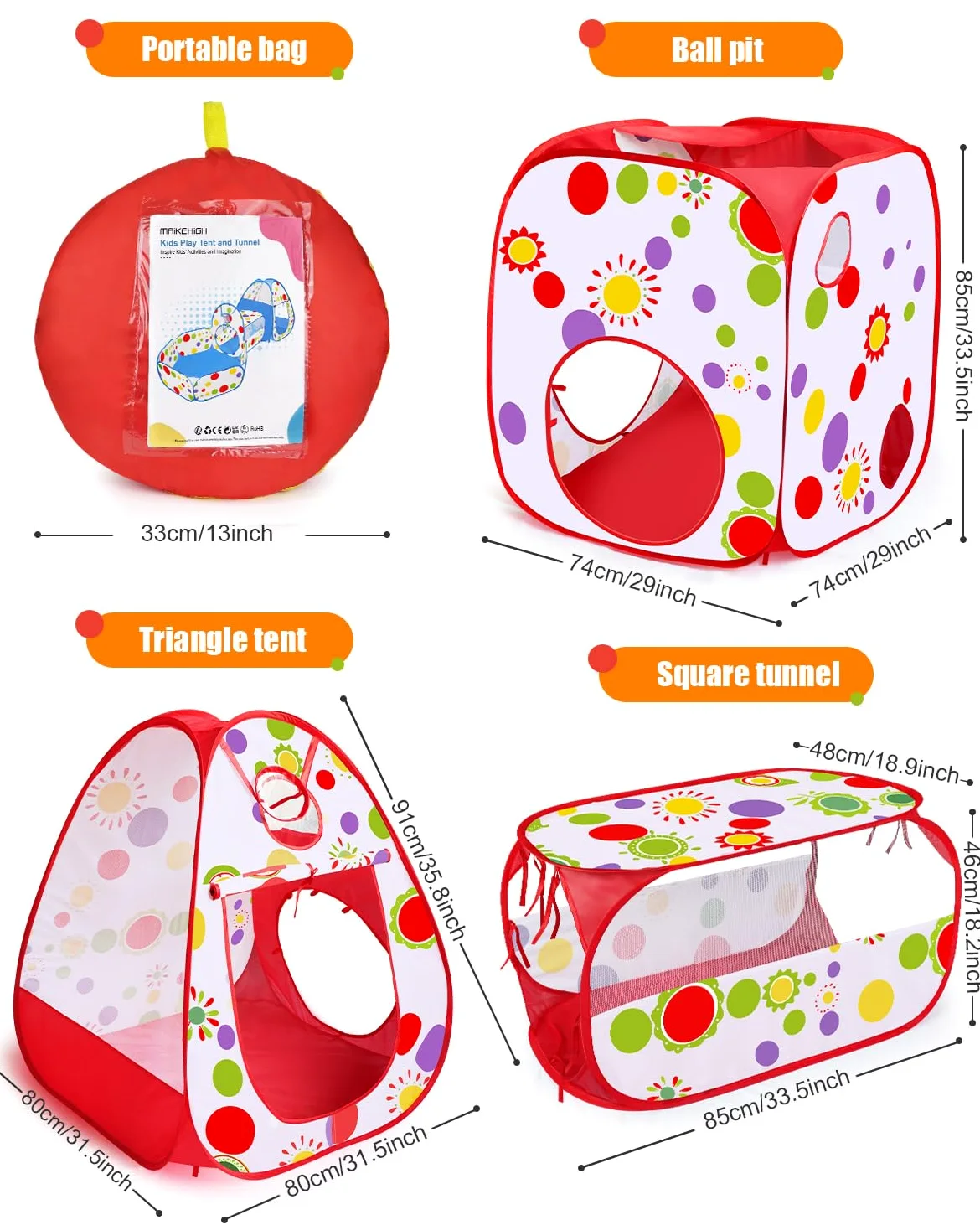 MAIKEHIGH Tunnel Gioco per Bambini, 4 en 1 Pop Up Tenda | Pieghevole Piscina Palline Interno Esterno Giardino Gioco Ragazzi Ragazze Compleanno Regalo