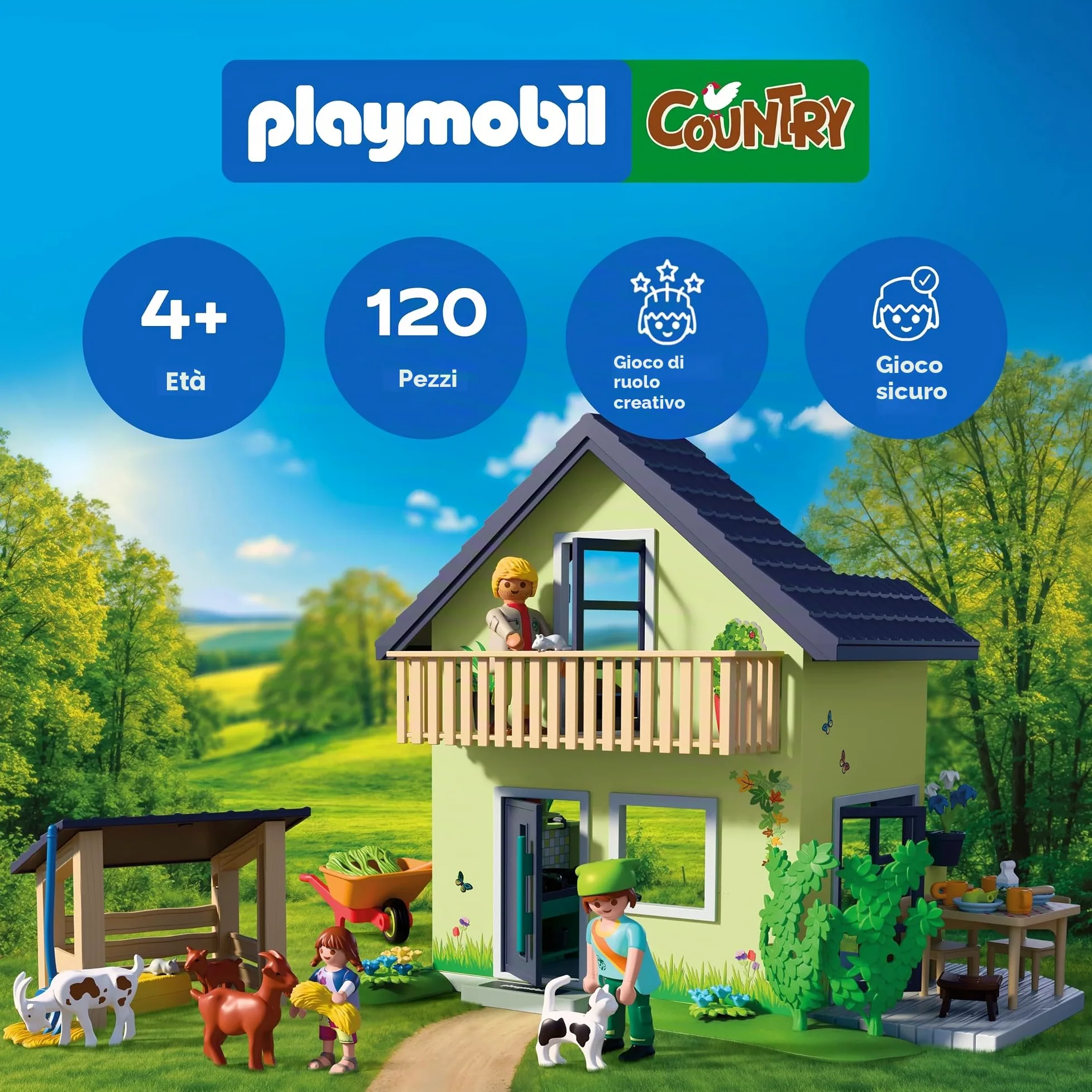 PLAYMOBIL | Country | Casa di campagna | Casa abitabile con balcone, cucina, letti, animali e accessori completi | Per bambini da 4 anni | 72162