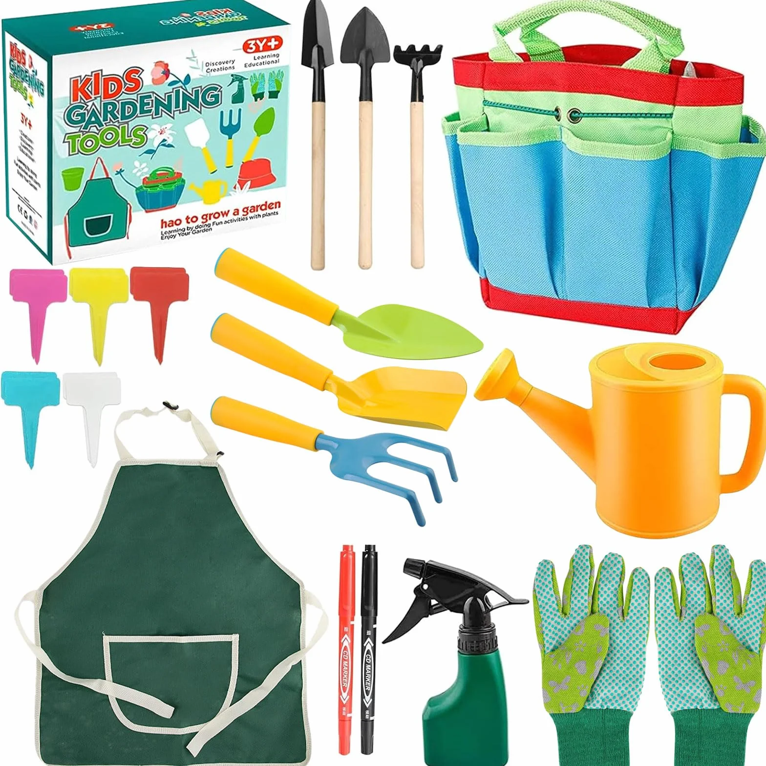 Set di attrezzi da giardinaggio per bambini, 23 attrezzi da giardinaggio, guanti da giardino per bambini, giocattoli per bambini con annaffiatoio pala rastrello, vanga, grembiule, giocattolo da
