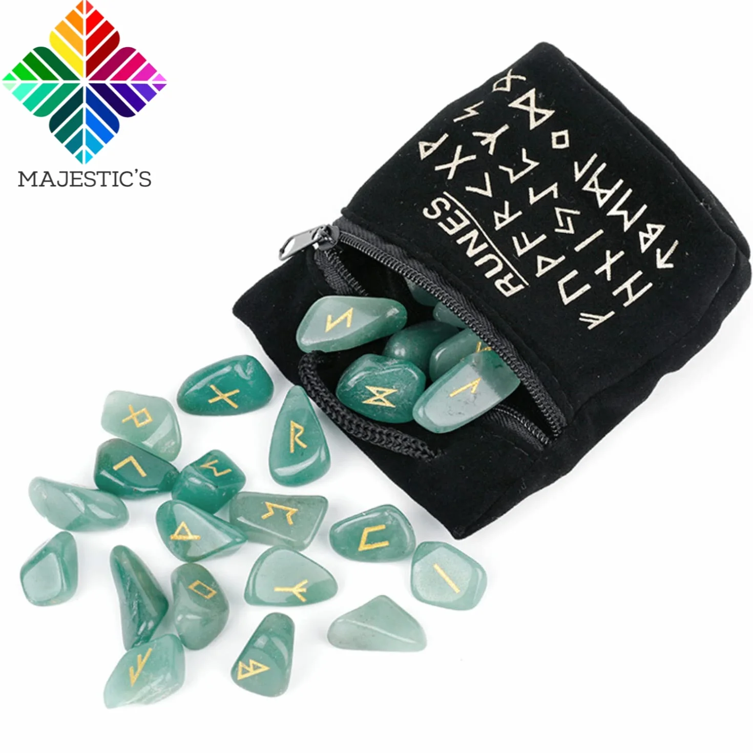 Avventurina Verde Rune Celtiche Vichinghe Set 25 Pietre Lucide Semi Preziose Incise 2x1 cm Futhark per Divinazione Cartomanzia