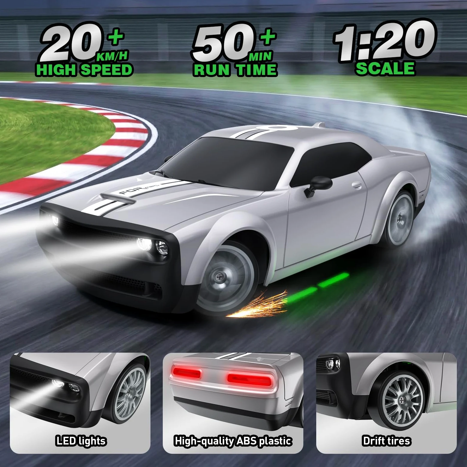 RC Drift Car 1:20 Macchina Telecomandata 2,4 GHz 4WD Auto Telecomandata 20 KM/H Auto da Corsa Telecomandata con fari da lavoro, 2 Batterie Ricaricabili,regalo per adulti e bambini (argenteo)