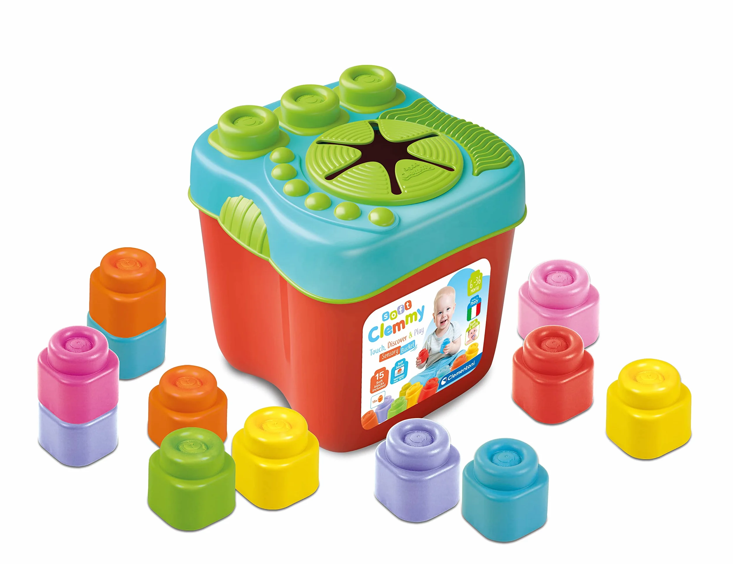 Clementoni Soft Clemmy - Touch, Build And Play Sensory Bucket, Bambini 6-36 Mesi, Cesto Raccoglitore 15 Mattoncini, Gioco Prima Infanzia, Sviluppa Manualità e Percezione Tattile, Made in Italy, 17807