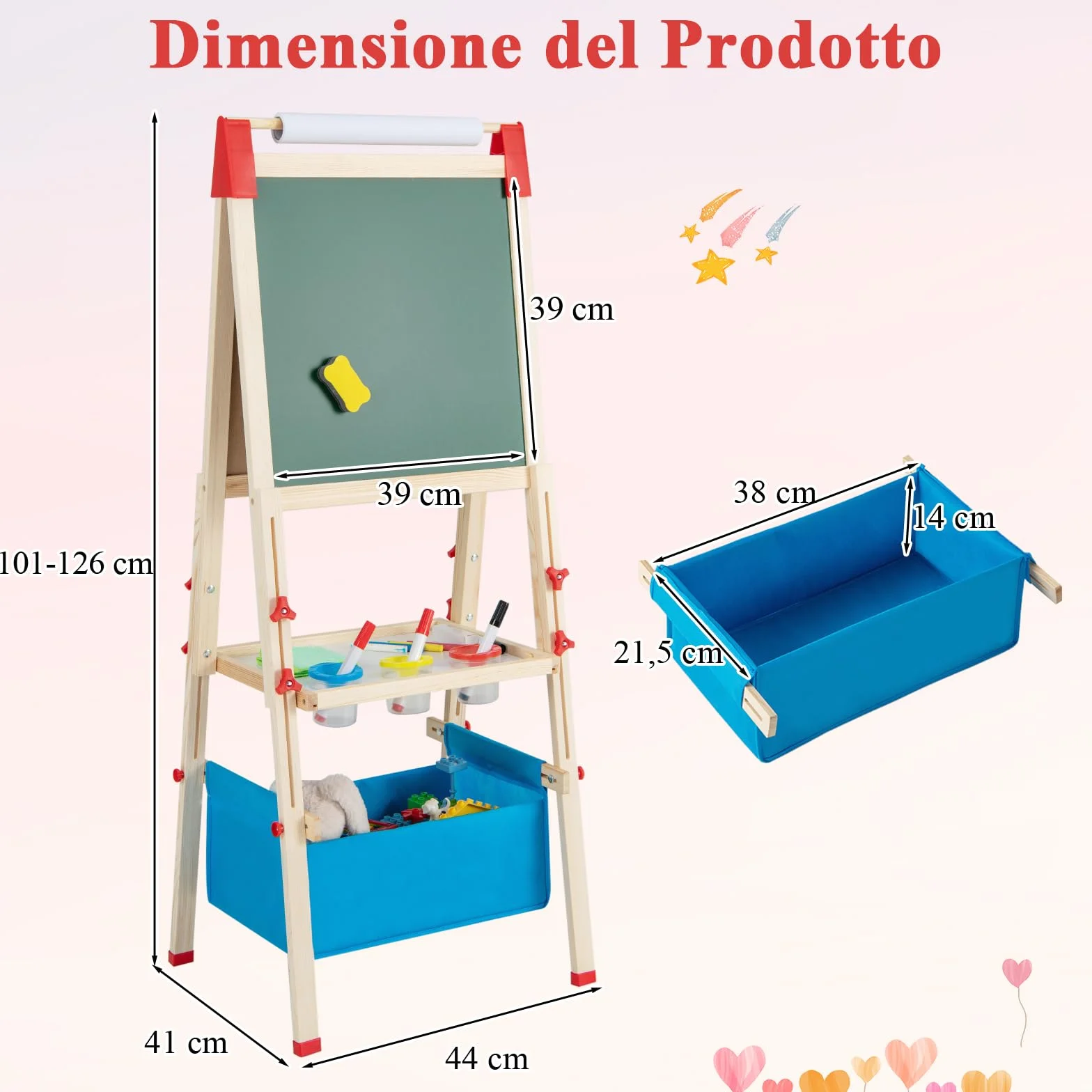 RELAX4LIFE Cavalletto per Bambini Regolabile in Altezza Legno Doppia Faccia Lavagna Magnetica Bianca Rotolo Carta Accessori Pittura