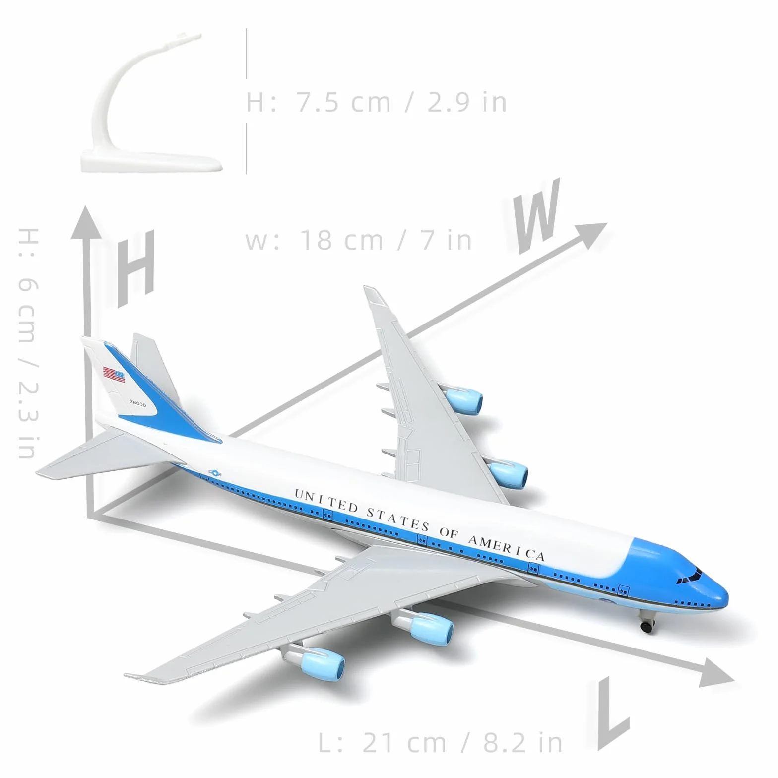 Boeing 747 VC-25A Air Force One Modellino Die-Cast 1:300 w Metalu 8,3 cali