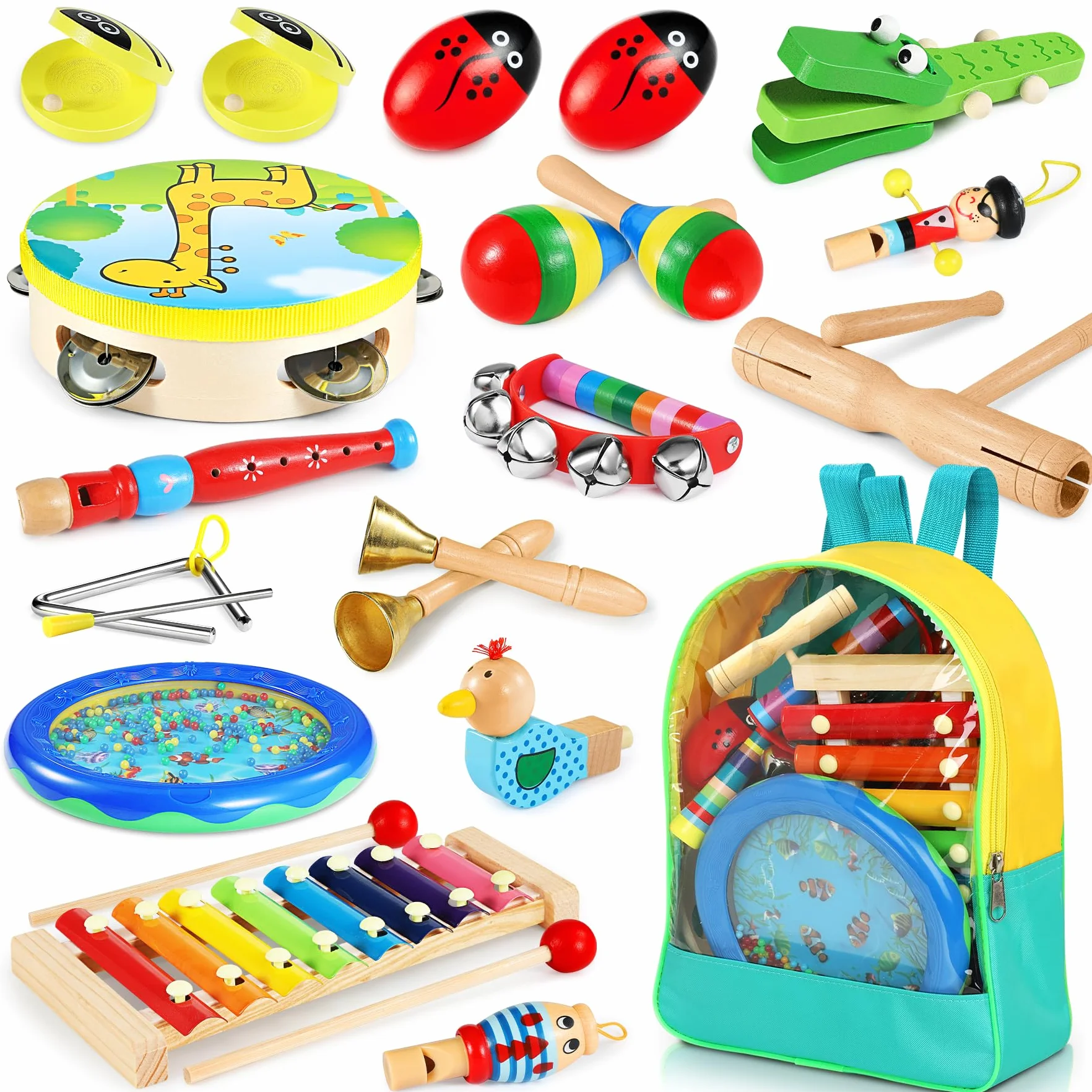 Strumenti Musicali, 24 Pezzi Percussioni con Borsa, Tamburo Perline Oceaniche, Compleanni Musicali, Creativi ed Educativi e Regali di Natale per Bambini 3+