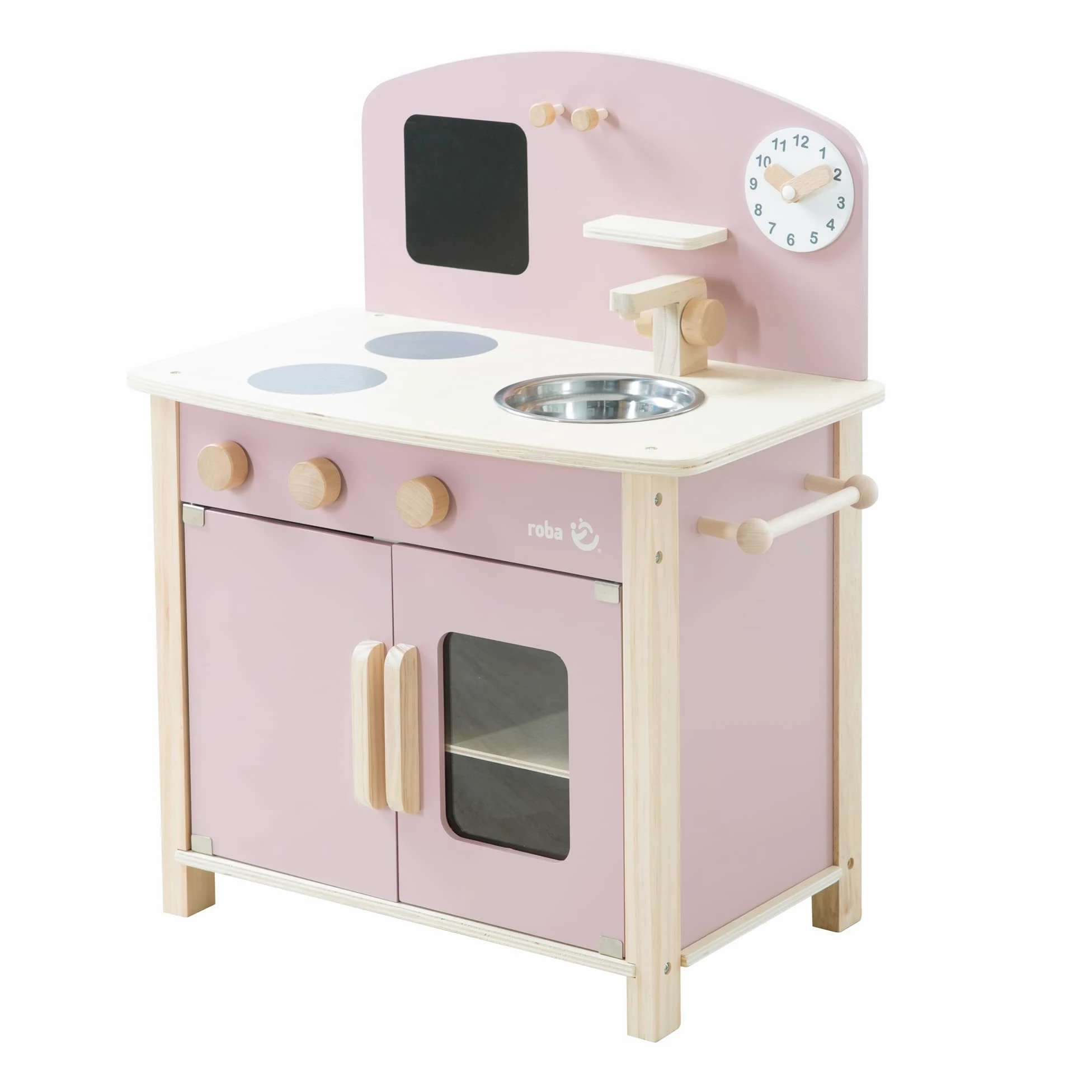 roba Cucina Giocattolo per Bambini, con Piano Cottura + Lavello, Accessori in Metallo e Legno, a Partire dai 3 Anni, Legno Naturale e Laccato Rosa