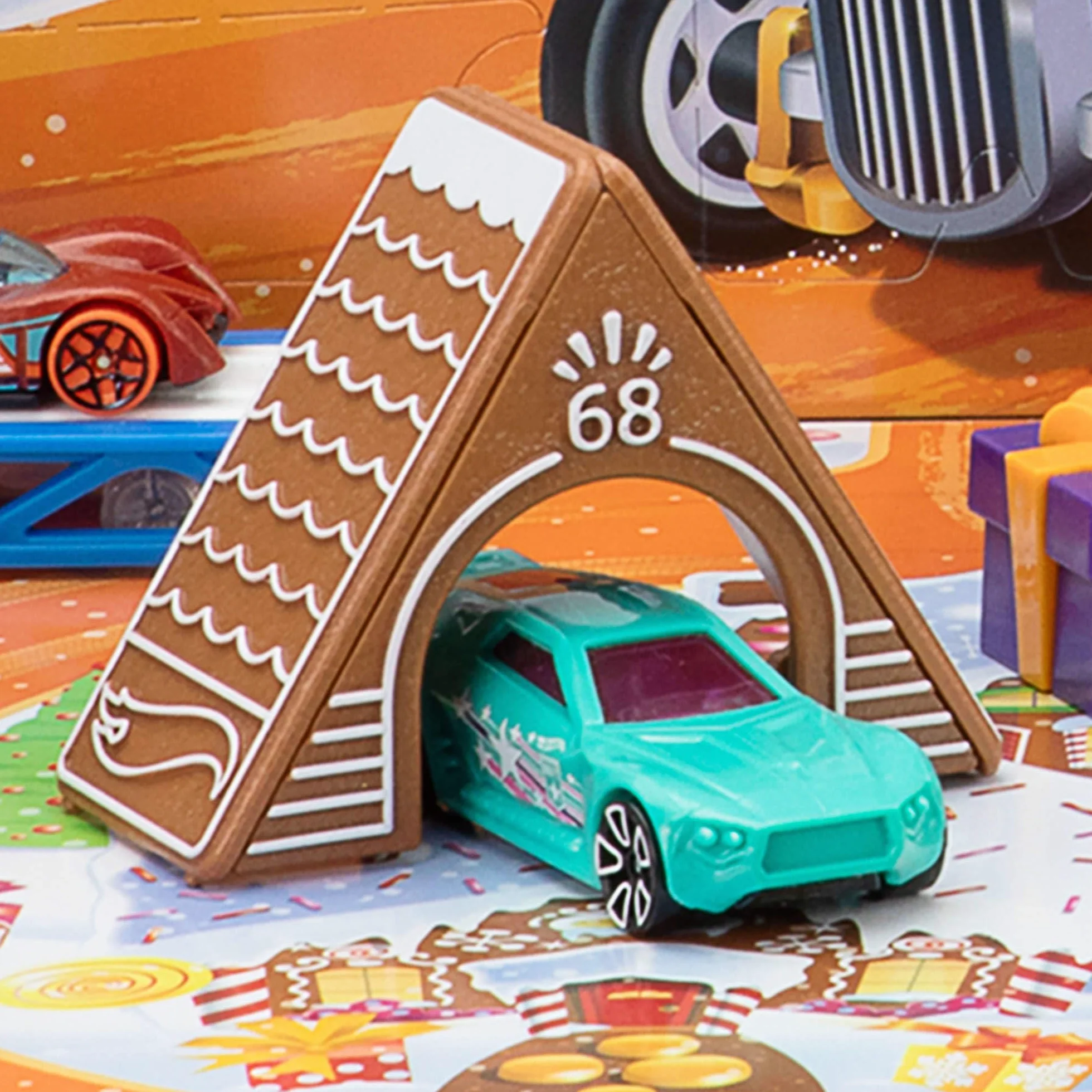 Hot Wheels - Calendario dell'Avvento 2025, 24 finestrelle numerate con sorprese a tema Natale, 10 macchinine, 10 clip e 14 accessori inclusi, giocattolo per bambini, 3+ anni, JCB47