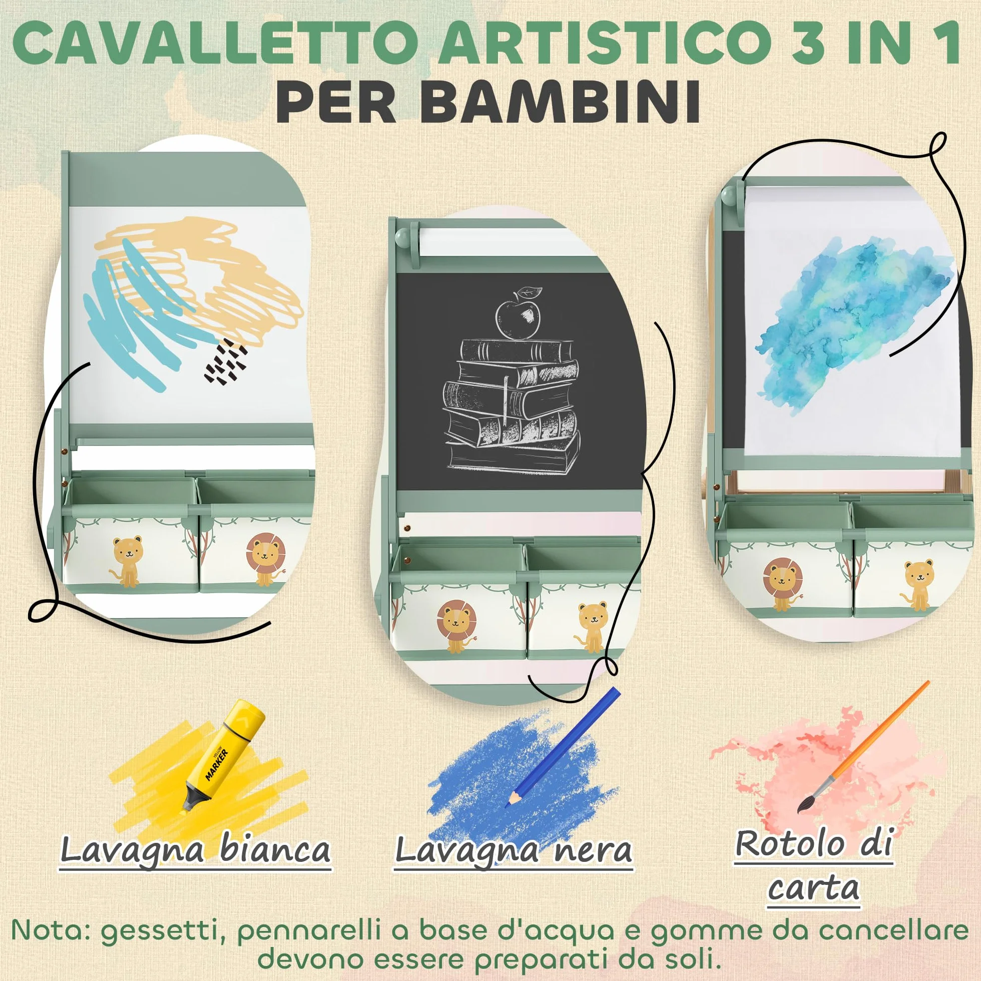 AIYAPLAY Lavagna per Bambini 3 in 1 con Rotolo di Carta e Cestelli Portaoggetti, Cavalletto in Legno di Pino e MDF, 54x46x94 cm, Verde