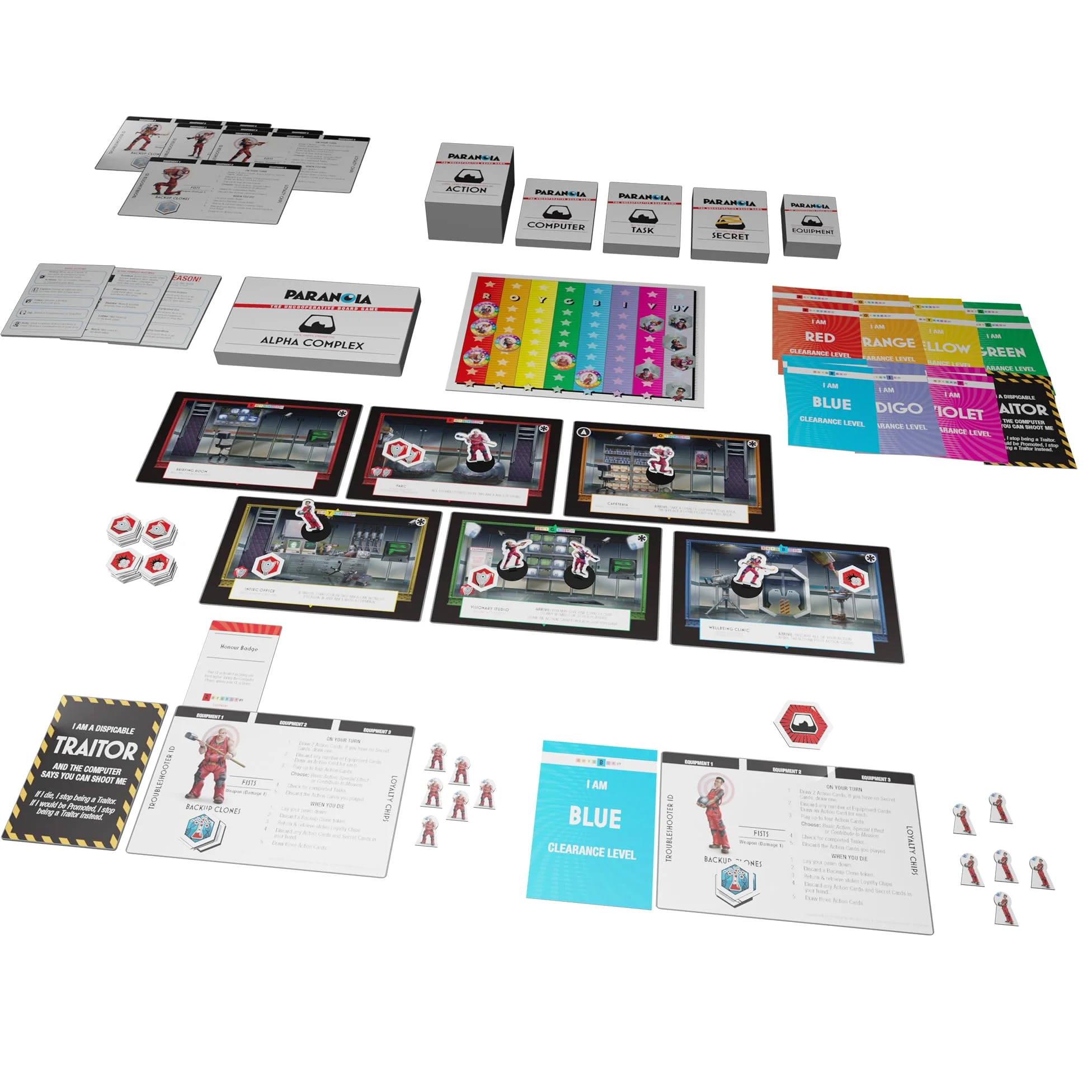 Paranoia: The Uncooperative - Tradimento strategico e sopravvivenza nel complesso alfa, ideale per serate di gioco con adulti, età 14+, 2-6 giocatori, 120 minuti di gioco, prodotto da Modiphius