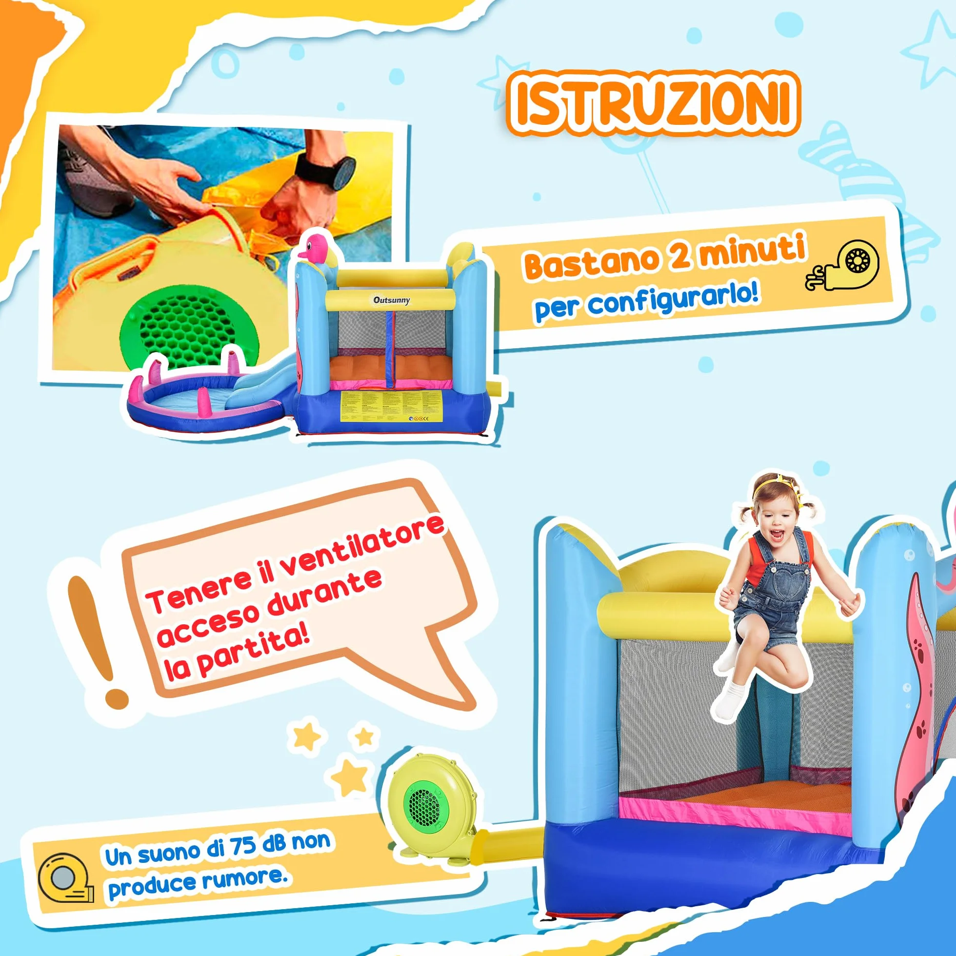 Outsunny Castello Gonfiabile Gigante e Rimbalzante per Bambini 3-8 Anni con Scivolo, Piscina e Gonfiatore 3.6x1.75x1.8m