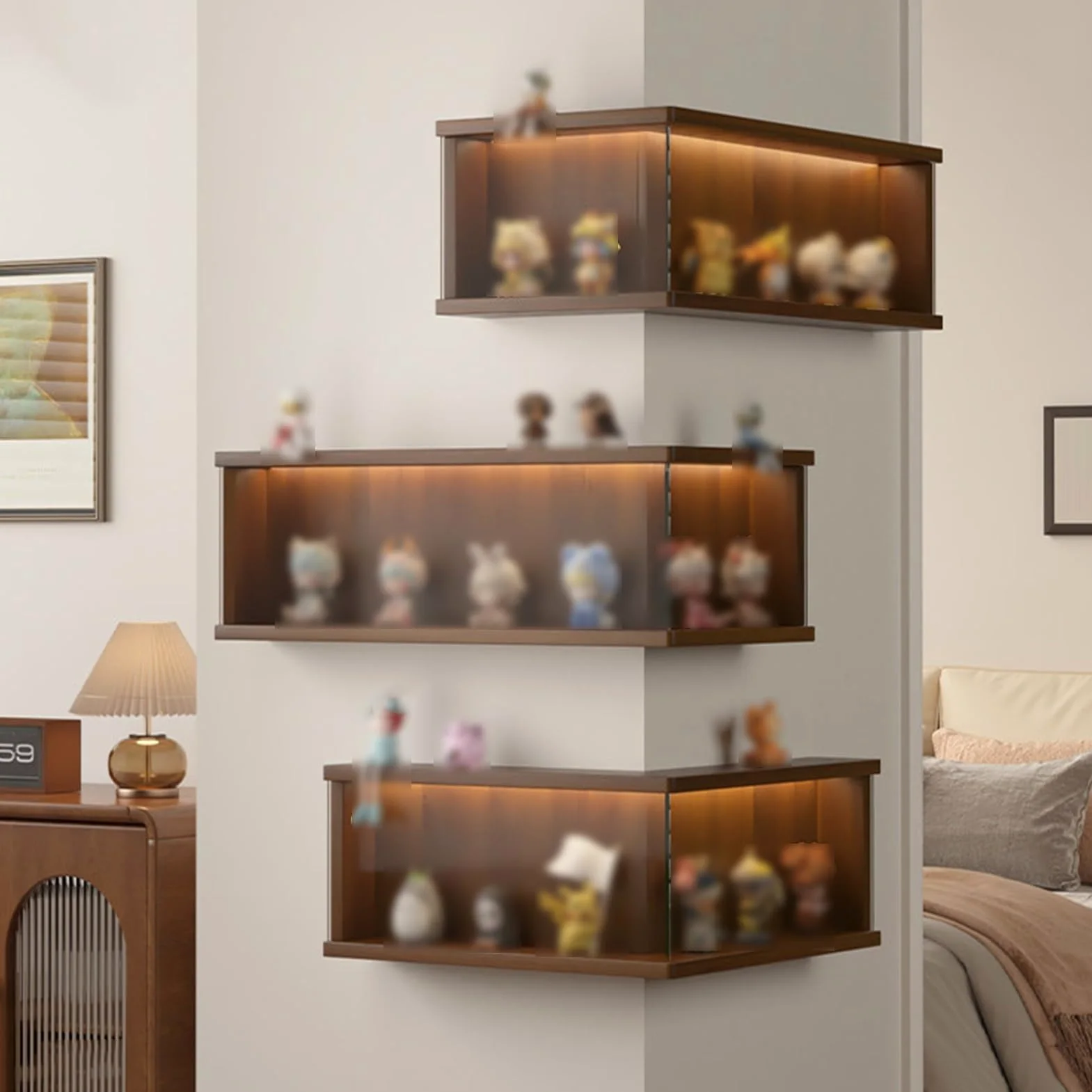 Vetrina Espositiva, Mensole Sospese In Acrilico Trasparente, Mensola Angolare In Legno Da Parete Per Soggiorno, Studio, Camera Da Letto, Salvaspazio(Marrone,Combination)