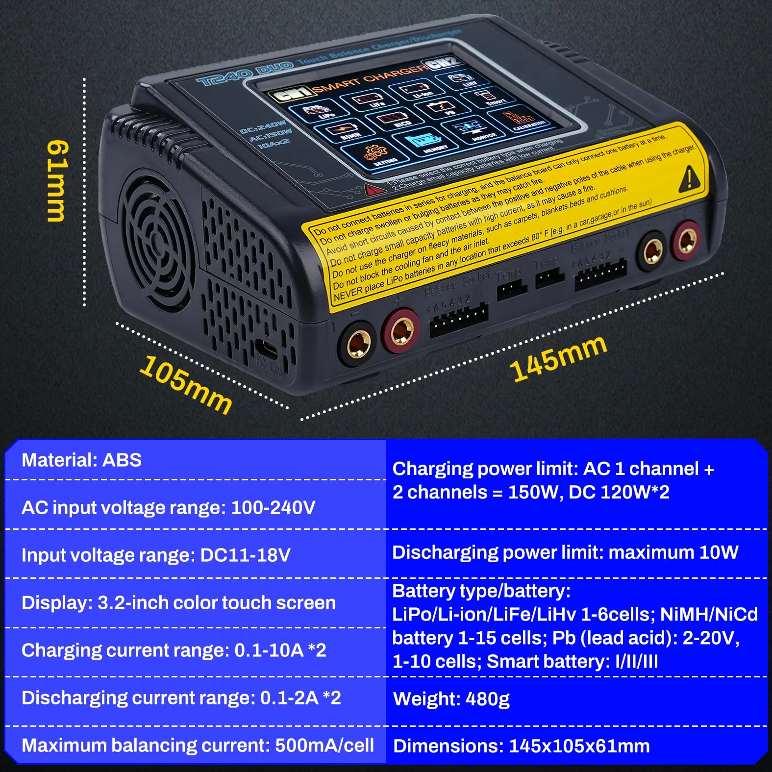 BuyWeek T240 DUO RC Caricabatterie Bilanciamento AC150W/DC240W 10A carica batteria per auto 3,2 pollici touch screen caricabatterie litio alta precisione per LiPo/Lilon/LiFe/NiMH/NiCd/PB/NiMH