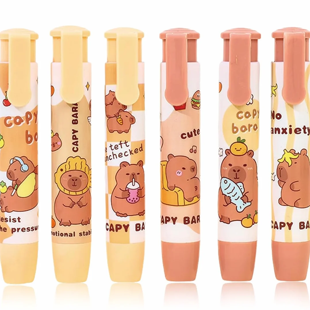6 Pezzi Gomme da Cancellare a Forma di Penna, Capibara Regalini Fine Festa Compleanno Bambini, Capibara Gomme Retrattili con Motivi Cartoneschi, Ideale Gadget Compleanno Bambini