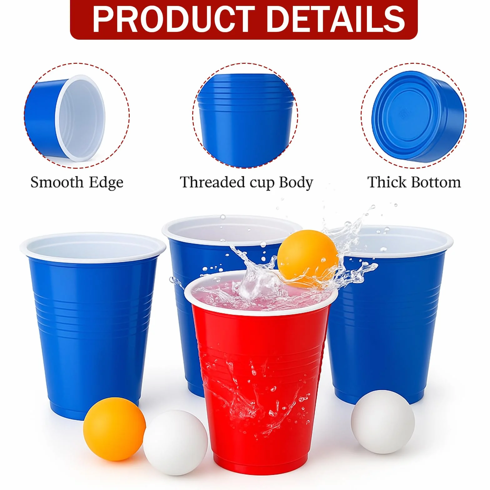 100 Pezzi Bicchiere Plastica Rossi Blu e 10 Palline Ping Pong, 500ml Bicchieri Plastica Riutilizzabili Colorati per Feste, Compleanni, Matrimoni, Campeggio