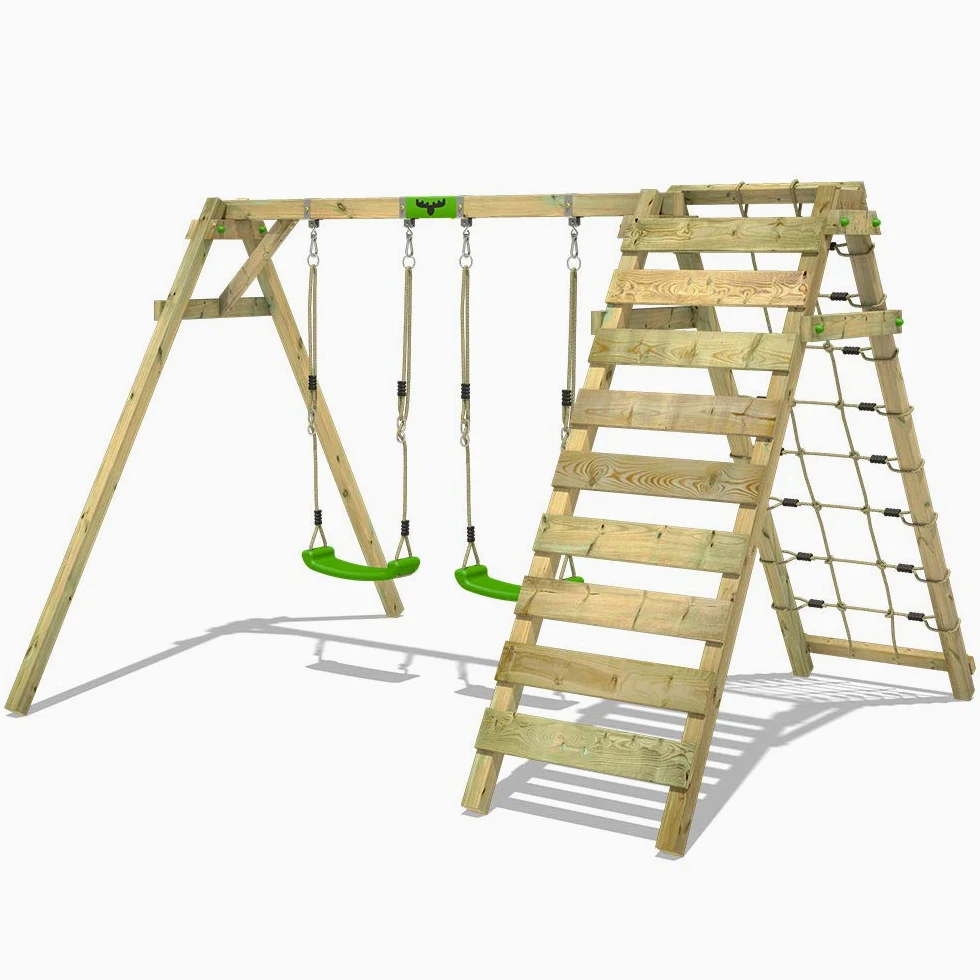 Altalena FATMOOSE JollyJungle per bambini verde mela in legno | Rete per l'arrampicata, Altalena doppia, Ampliamento per arrampicate, Da esterno o da giardino