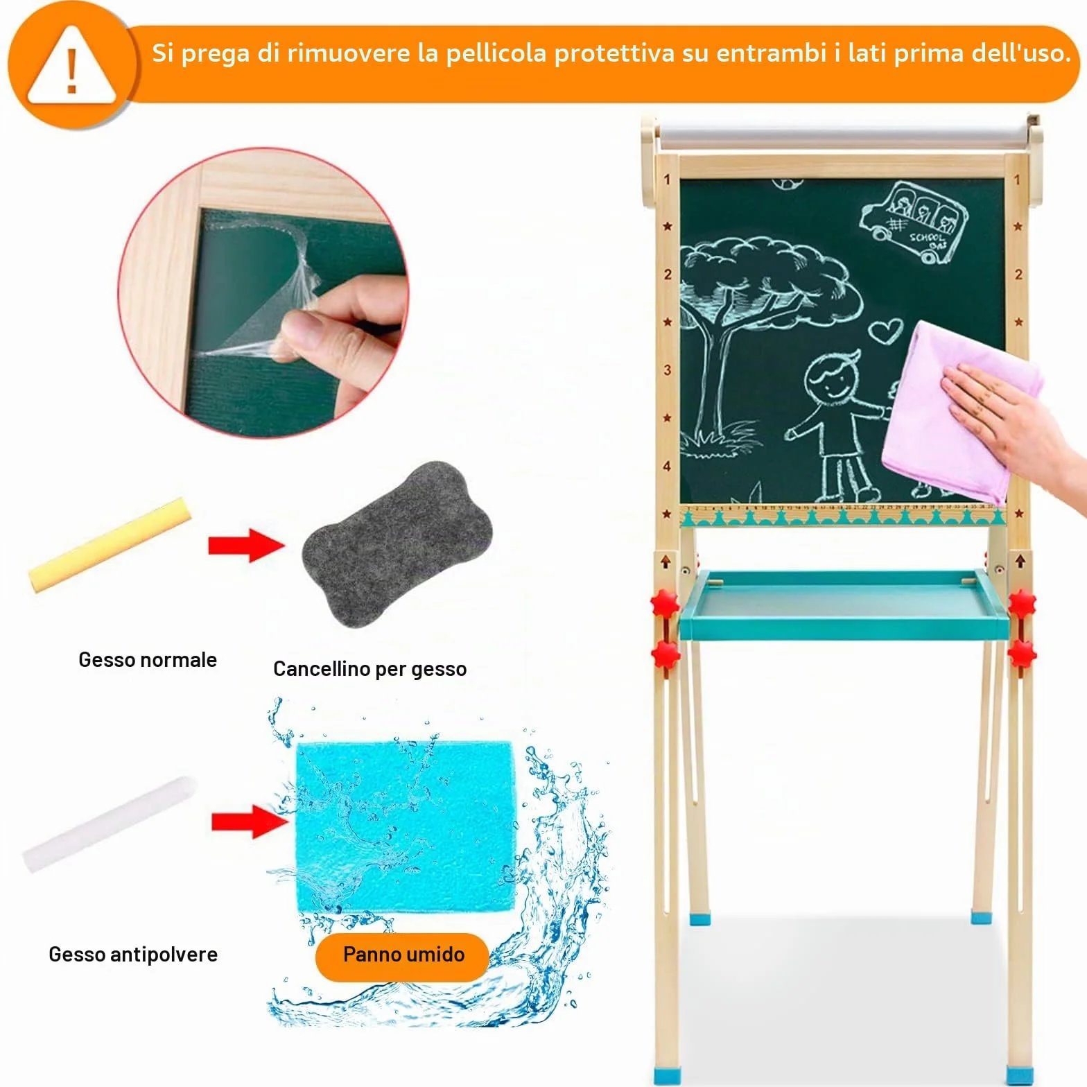 Lavagna per Bambini a Doppia Faccia con Cavalletto Regolabile, Giochi Educativi 3+ Anni