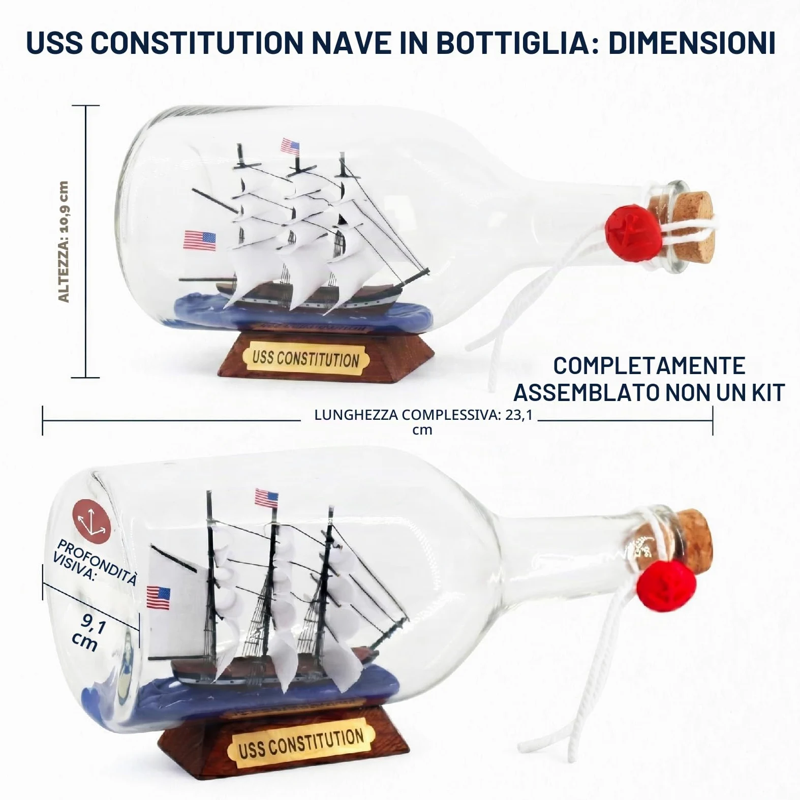 Nera perla Caraibica modello nave in una bottiglia di vetro ornamento da tavolo decorazione nautica casa Mayflower USS Costituzione USCG aquila regalo per ragazzo (Costituzione 23 cm)