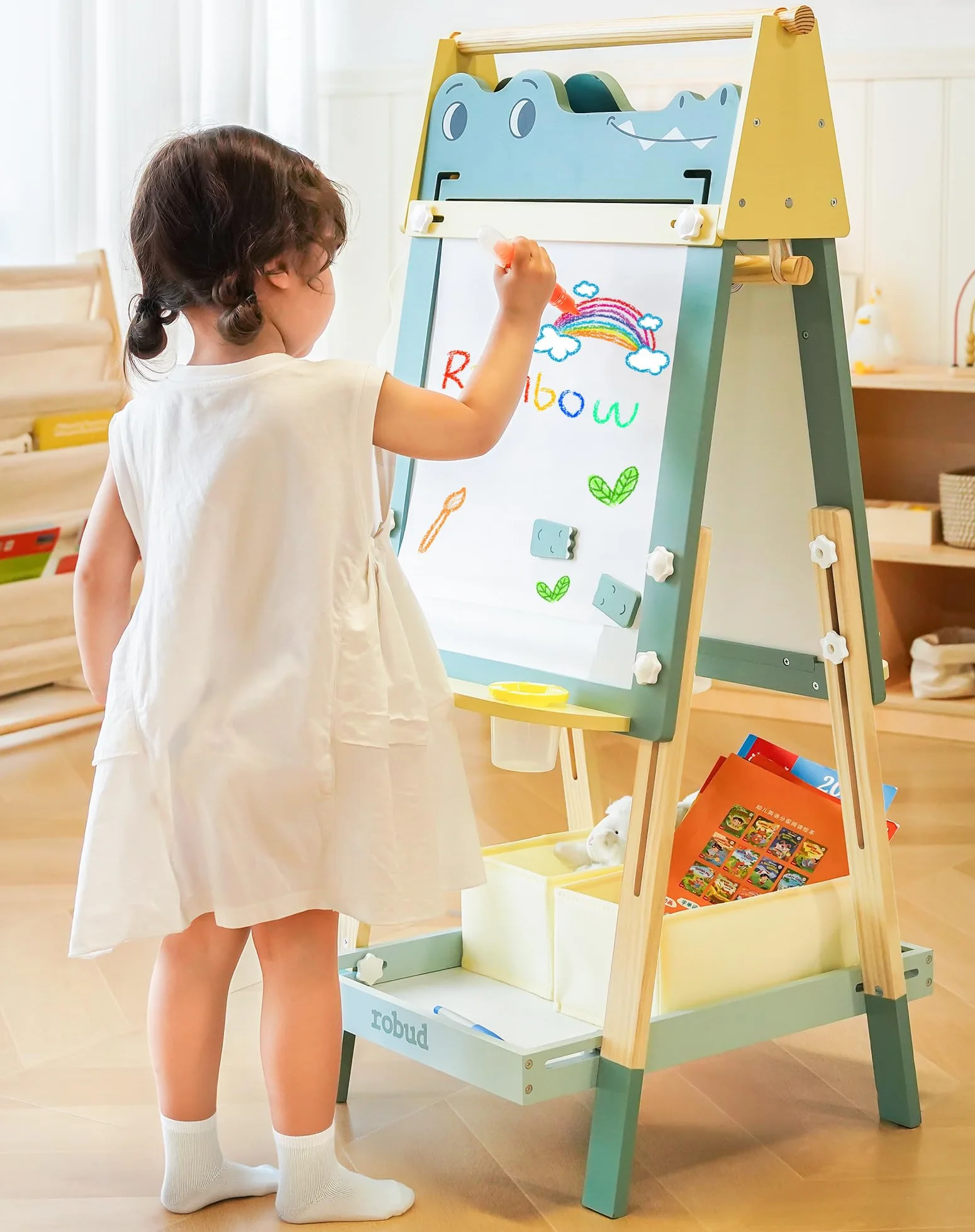 ROBUD Cavalletto in legno per bambini doppia faccia lavagna bianca e gesso con rotolo di carta regolabile in altezza magneti