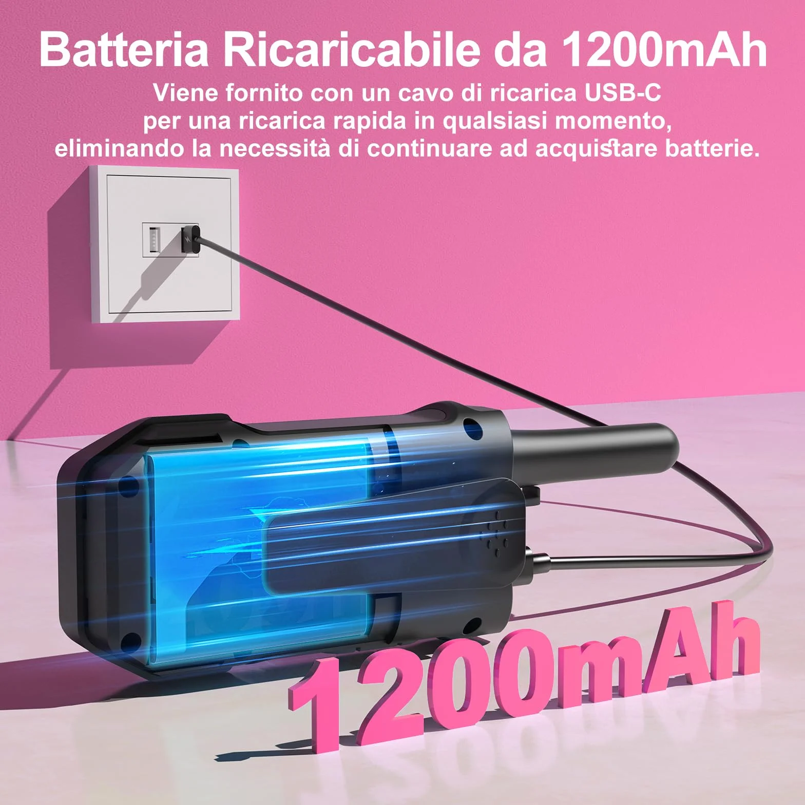 Walkie-Talkie Ricaricabili 1200mAh Batteria al Litio 16 Canali VOX Lungo Raggio per Bambini Adulti Campeggio Escursioni
