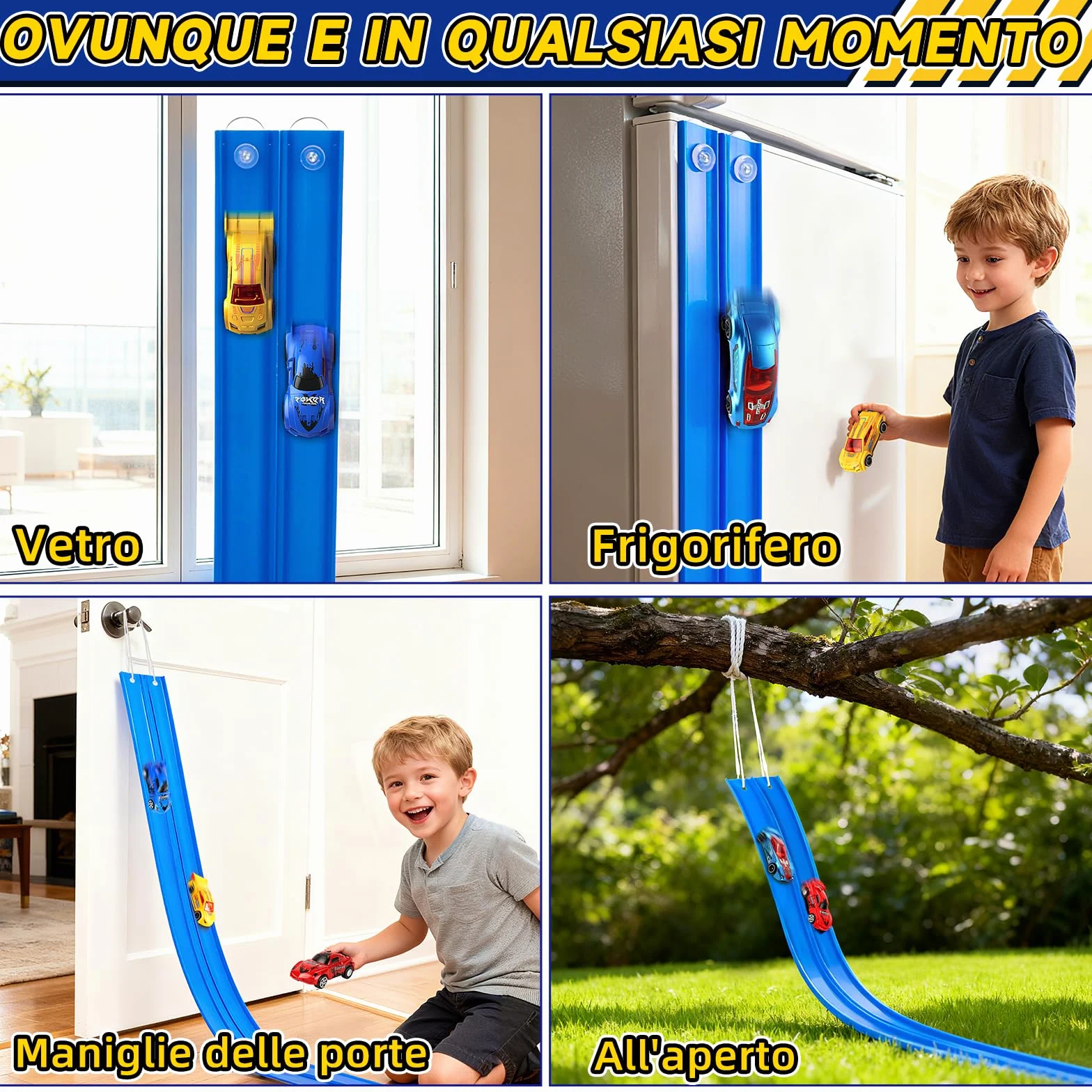 Charmofun Pista Macchinine Flessibile 5M, Giocattolo Piste da Corsa con 4 Auto, Borsa con 4 auto, 2 lanciatori, 8 rampe triangolari e 8 ventose, Portatile Pista per Bambini 3+ Anni (Blu)