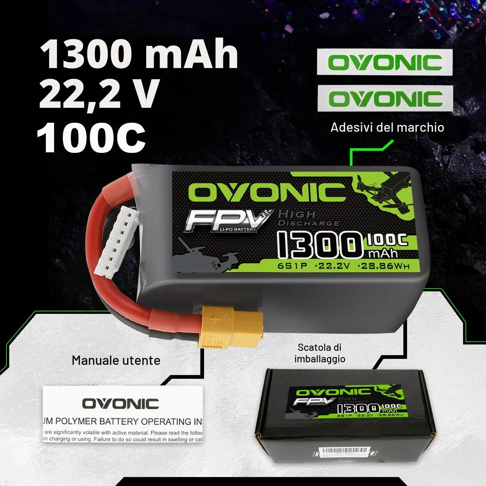 OVONIC Batteria Lipo 6s 1300mAh FPV Batteria 100C 22,2V con connettore XT60 per FPV Racing RC Quadcopter Elicottero Aereo Multi-Motore Hobby fai da te (2 confezioni)