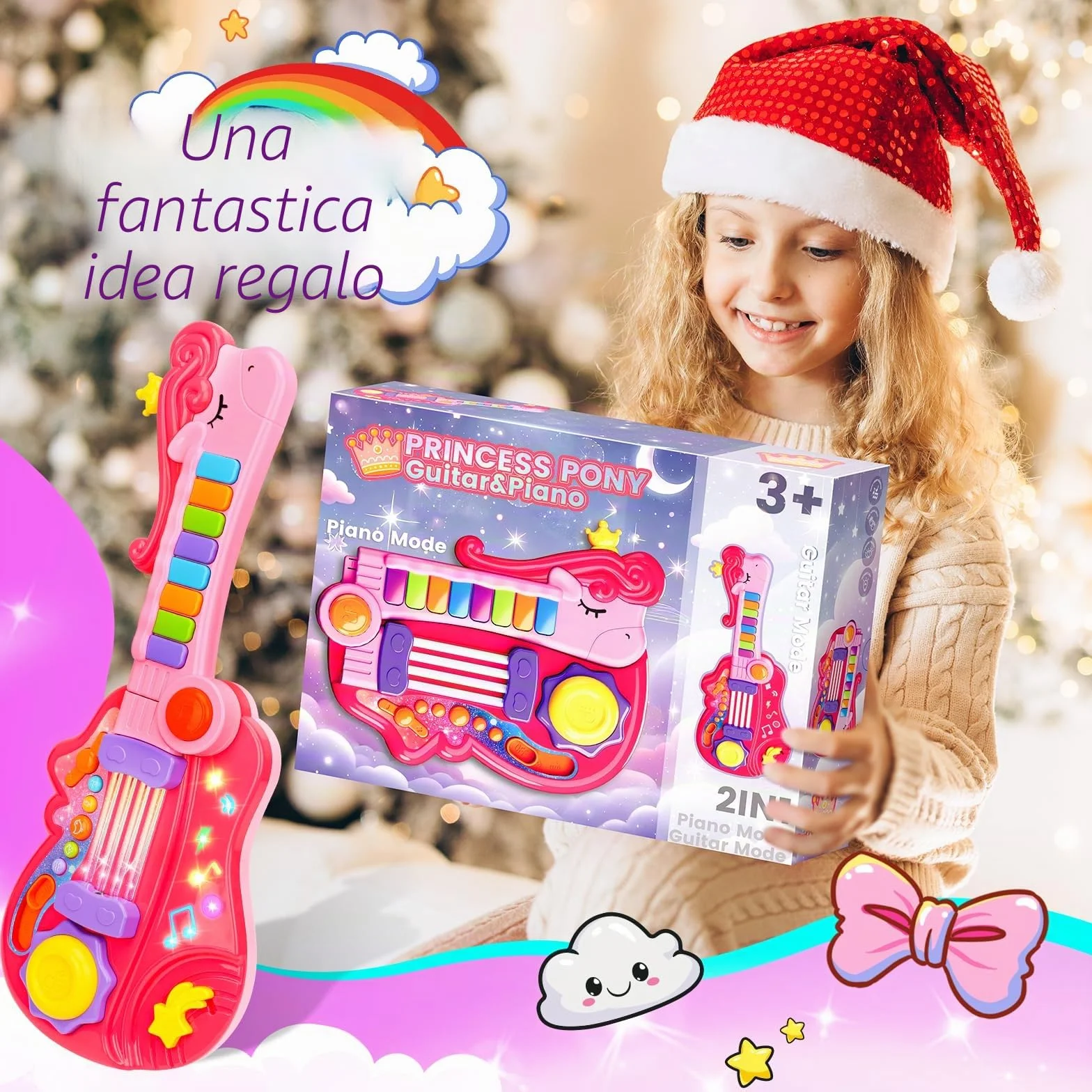 Chitarra Giocattolo 2-in-1 per Bambini con Modalità Pianoforte Strumento Musicale Elettrico Regalo 3-5 Anni Rosa