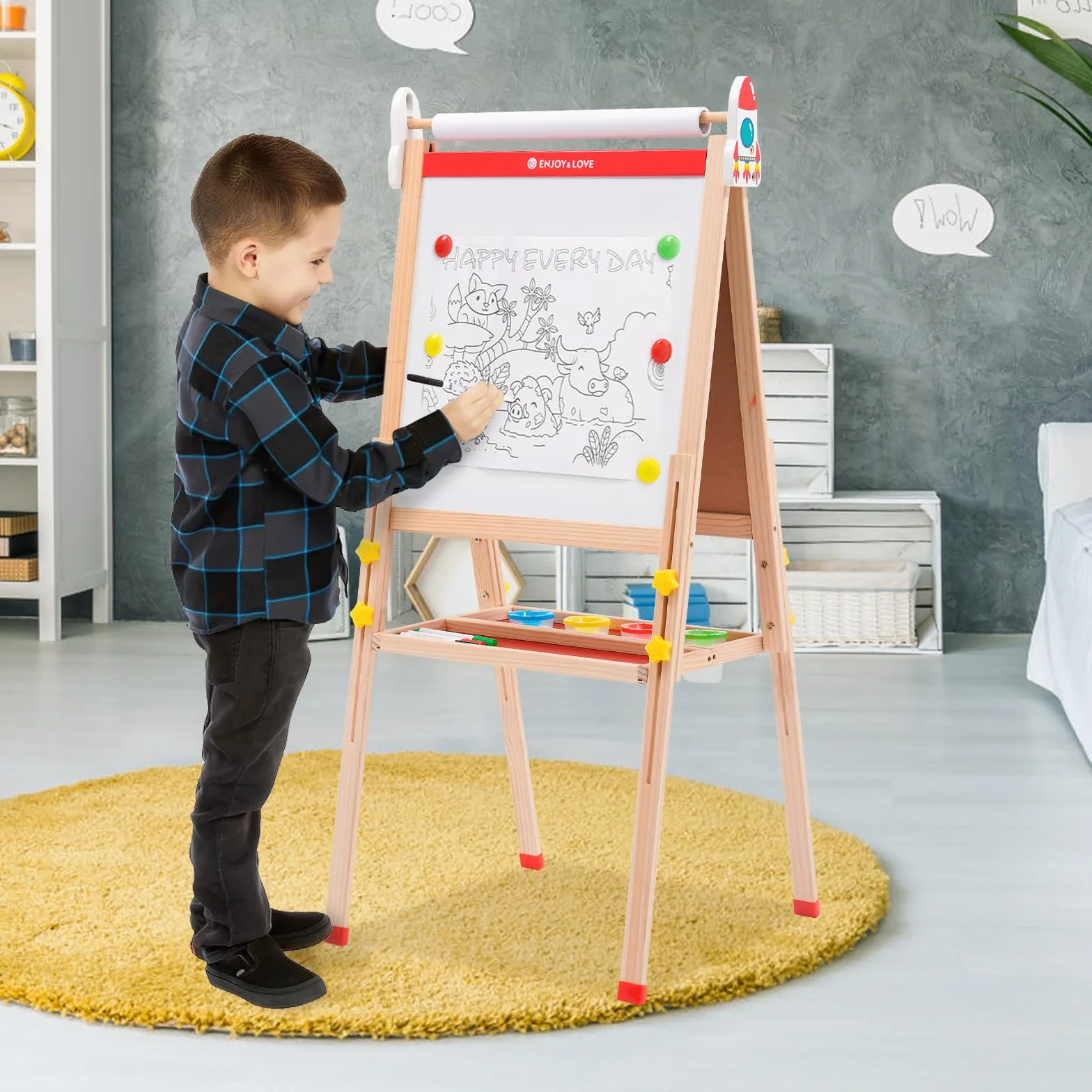 Cavalletto in Legno 2 in 1 per Bambini Lavagna Pieghevole Regolabile Altezza con Carta in Rotolo Colorabile 3-12 Anni