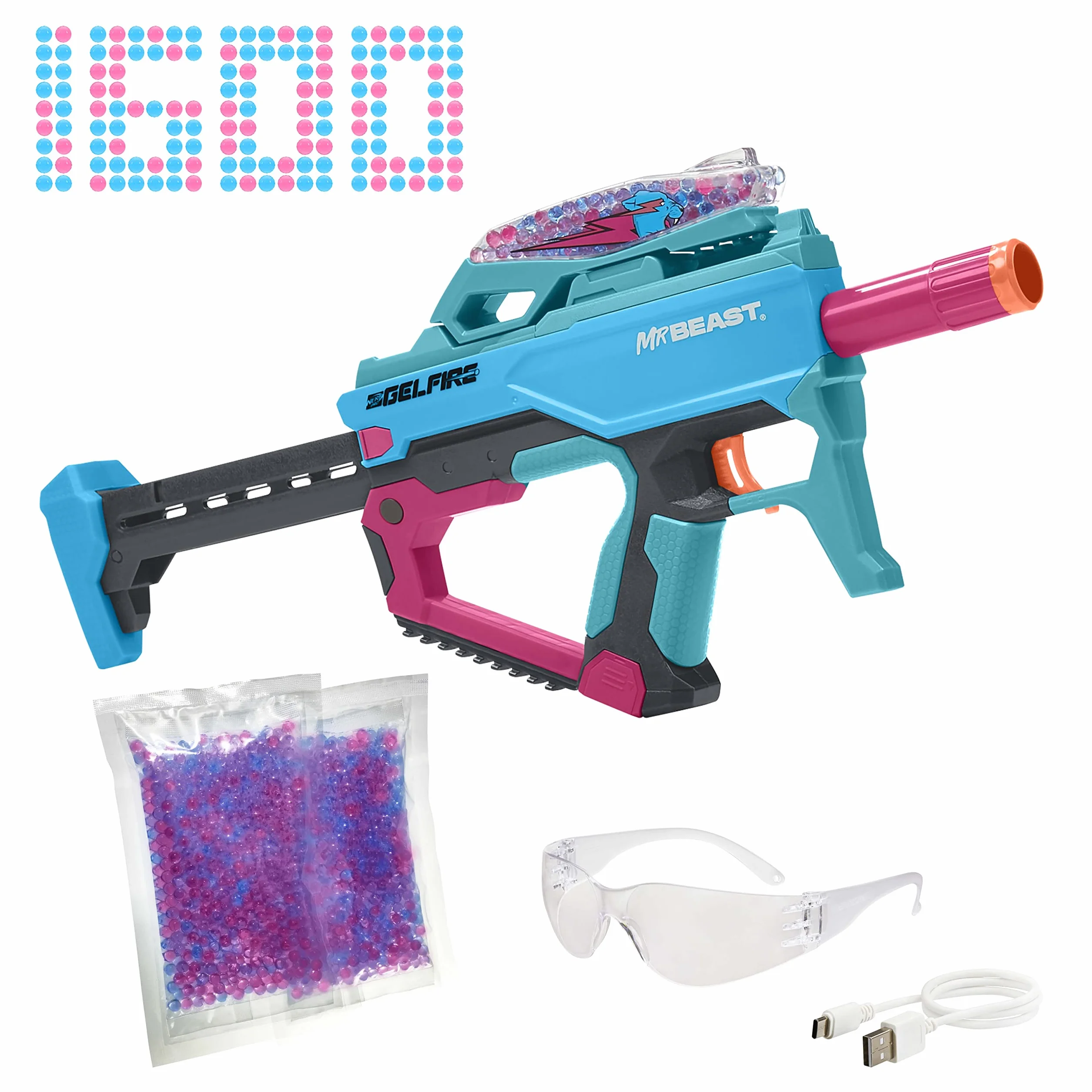 Nerf Pro Gelfire X MrBeast Blaster, 1600 Gelfire Rounds, 300 Round Hopper, Batteria Ricaricabile, Occhiali