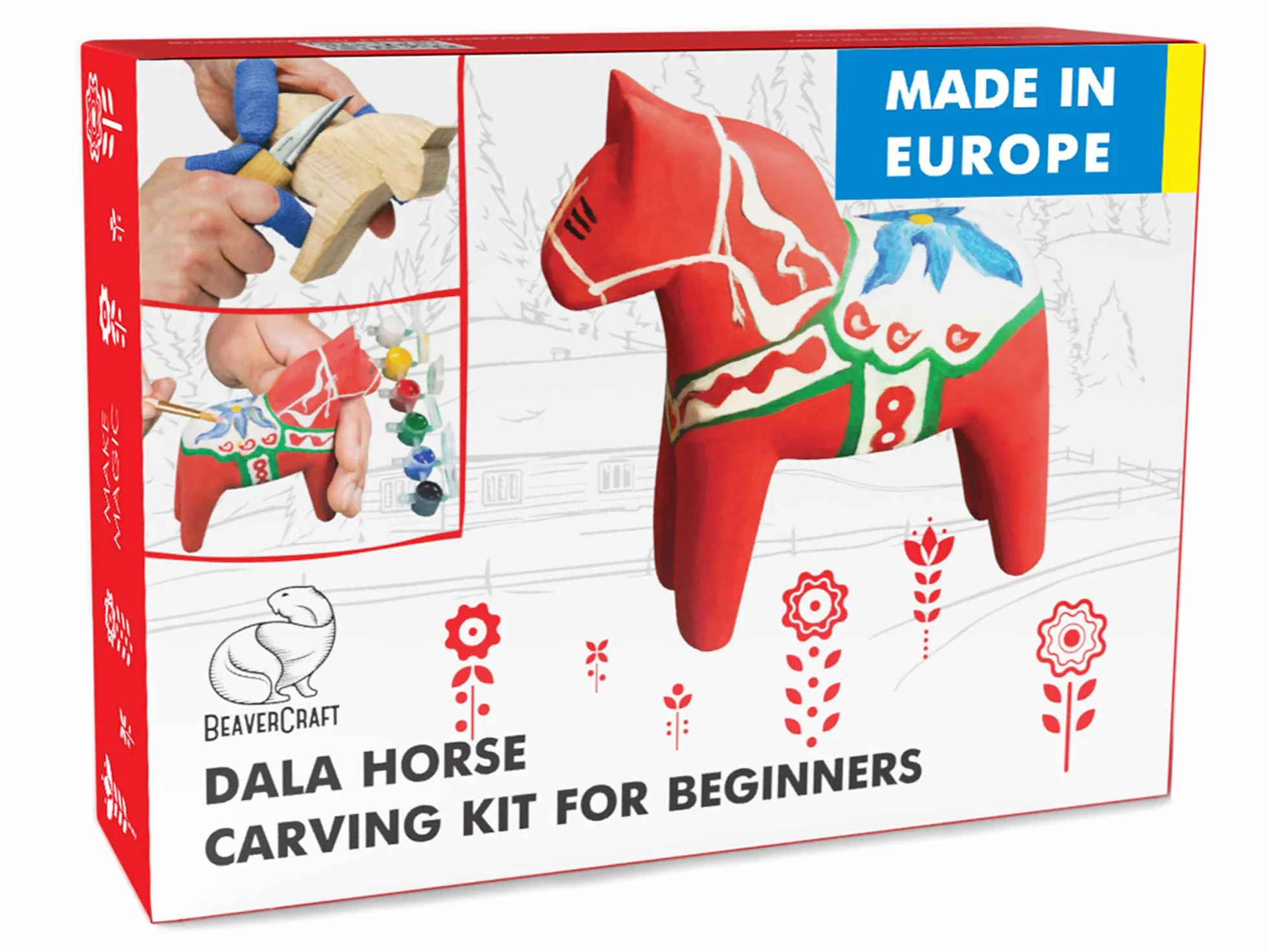 BeaverCraft Kit di intagliatura per adulti e adolescenti Kit per intaglio del legno DIY 02 Dala Horse Strumenti per intagliare il legno Forniture artigianali per adulti Tiglio da intagliare