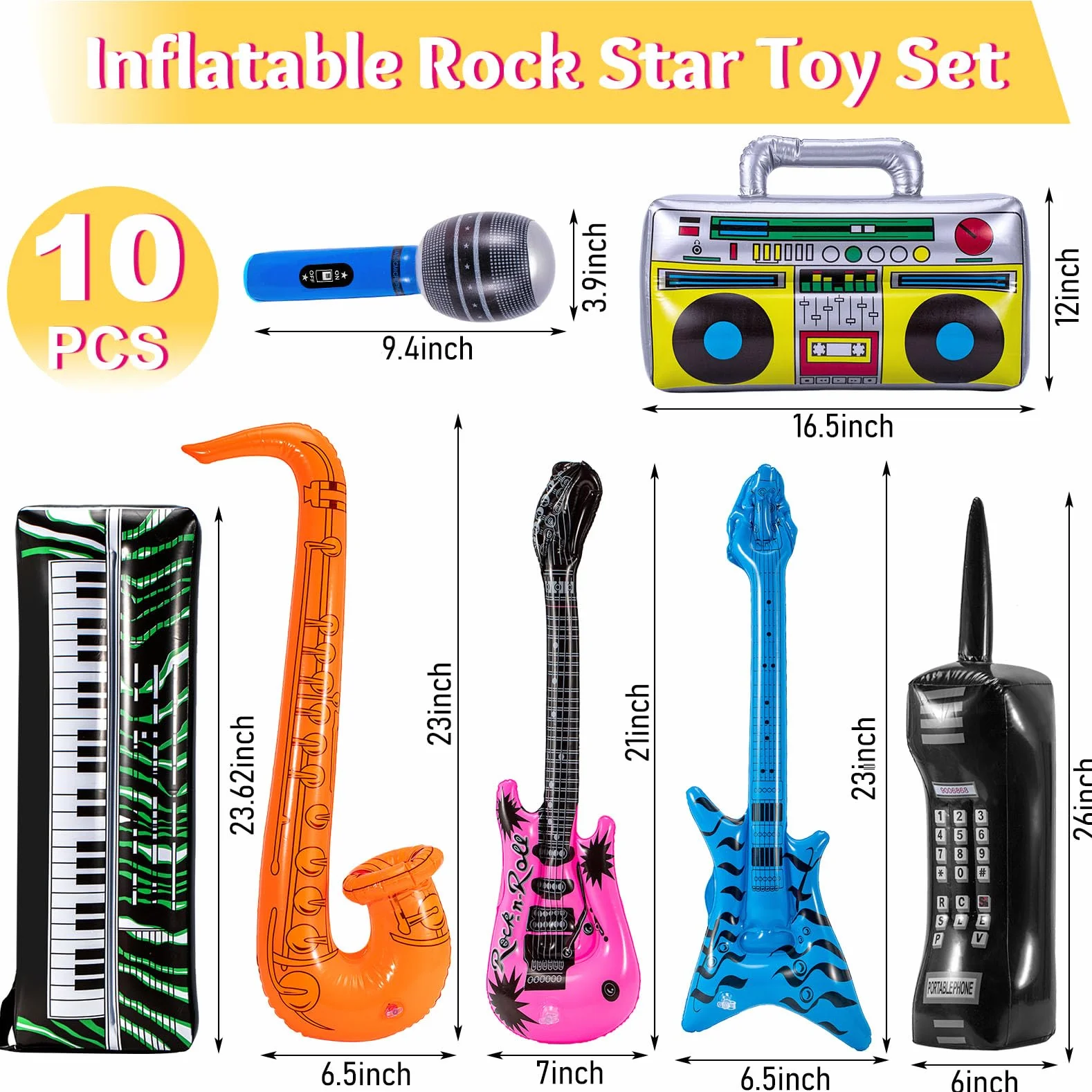 Zestaw 11 instrumentów nadmuchiwanych Rock Star, akcesoria muzyczne lata 80 90