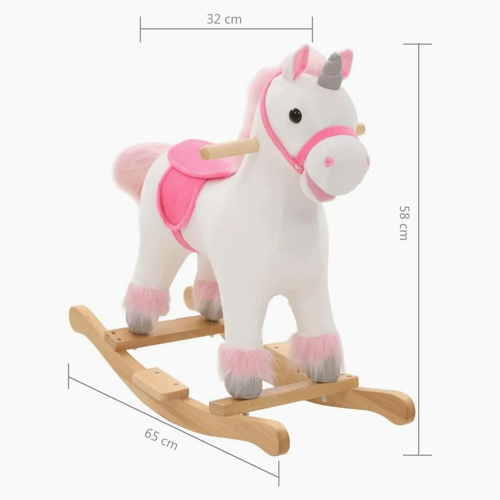 Unicorno a dondolo per bambini dai 2 anni in su, cavallo a dondolo in peluche con base in legno e telaio in metallo, morbido giocattolo a dondolo, bianco e rosa