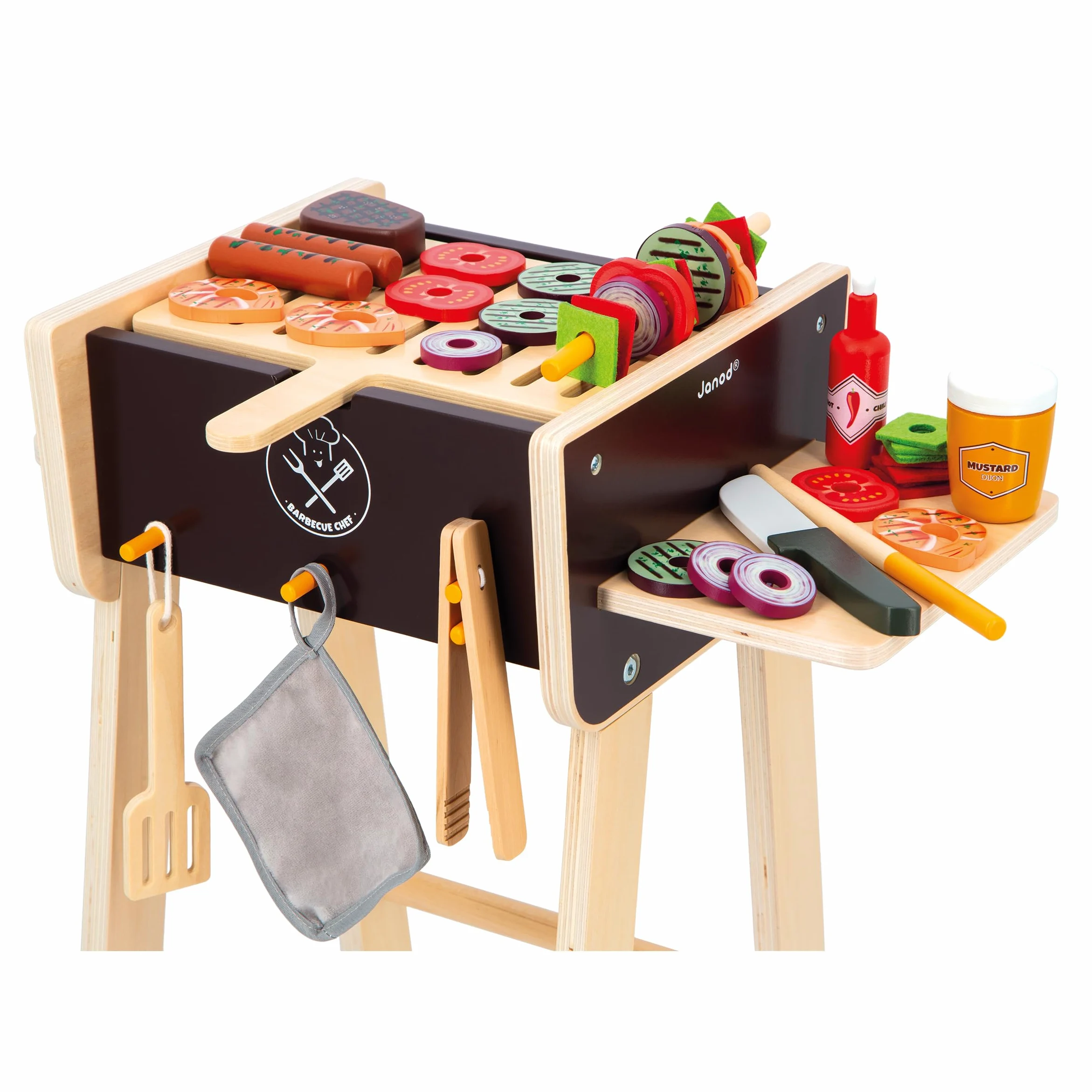 Janod - Barbecue in Legno - Giocattolo di Imitazione Cucina e Servizio da Tavola per Bambini - 57 Accessori Inclusi - 2 Ruote Silenziose - Dai 3 Anni, J06619