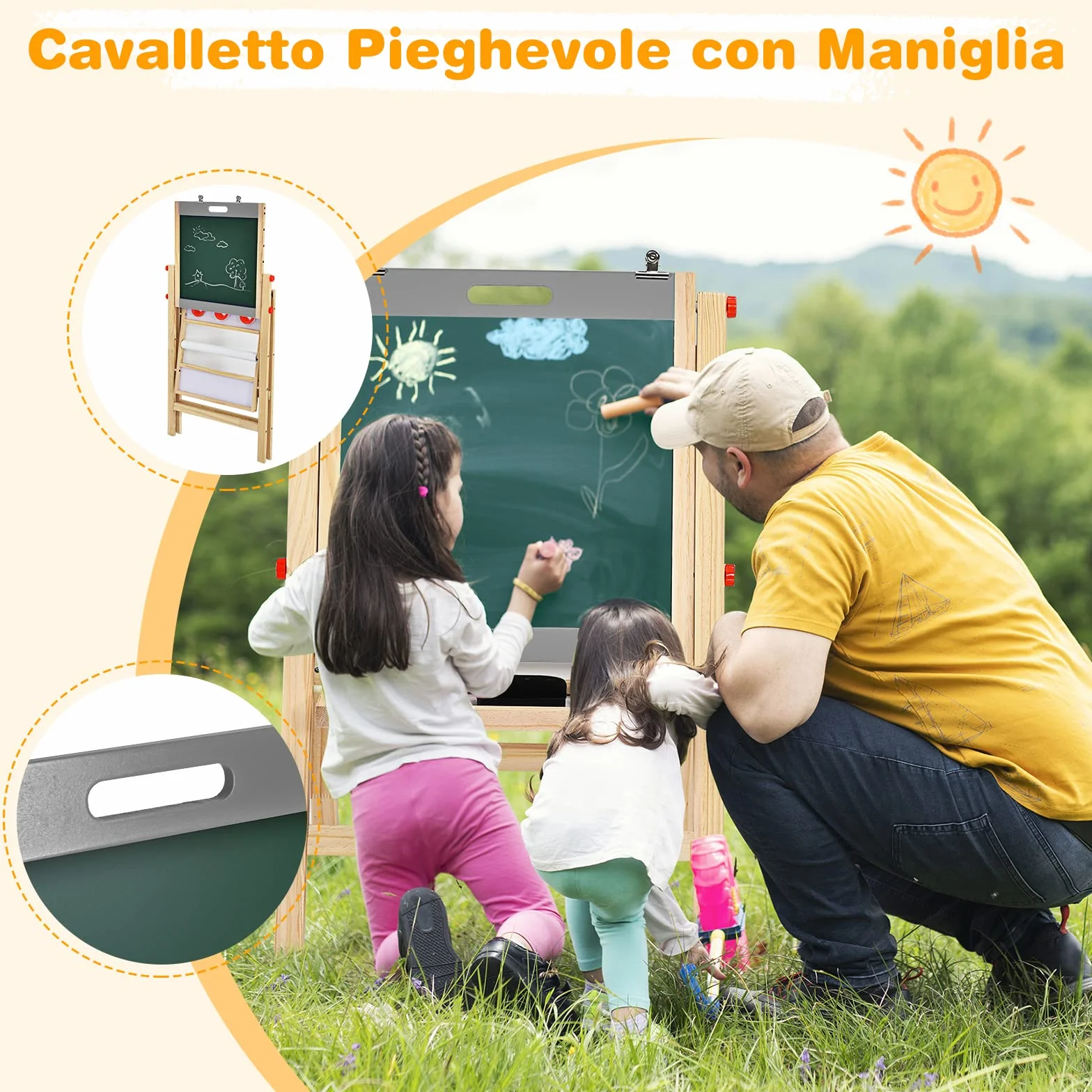 Lavagna Bifacciale per Bambini con Cavalletto Pieghevole in Legno di Pino, Altezza Regolabile, Magnetica, Nera e Bianca
