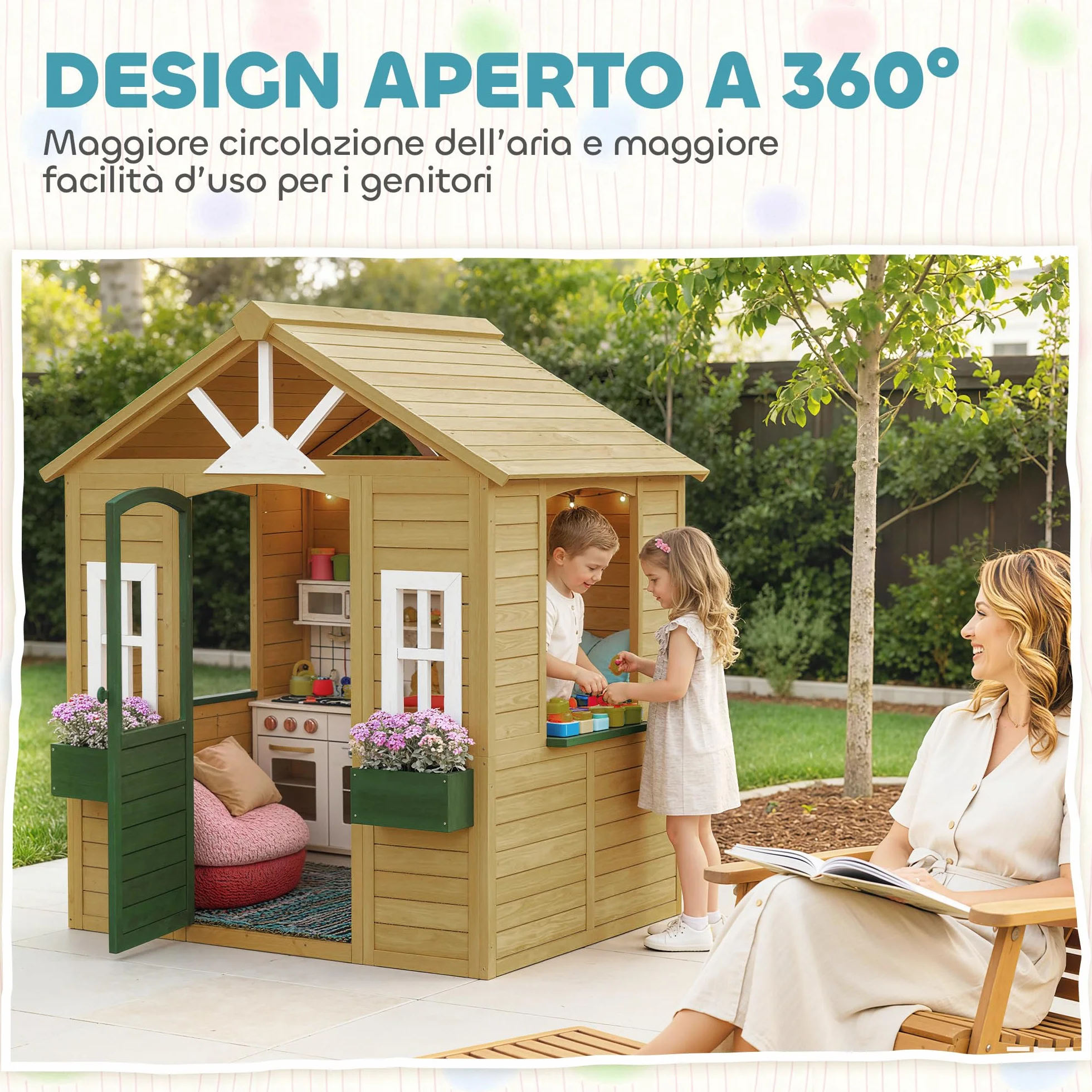 AIYAPLAY Casetta da Giardino per Bambini in Legno di Abete, Casetta per Bambini da Esterno con 3 Finestre, 2 Fioriere, Porta e Tetto, per Bimbi 3-8 Anni, Interno ed Esterno, 134.5x97x150 cm, Marrone