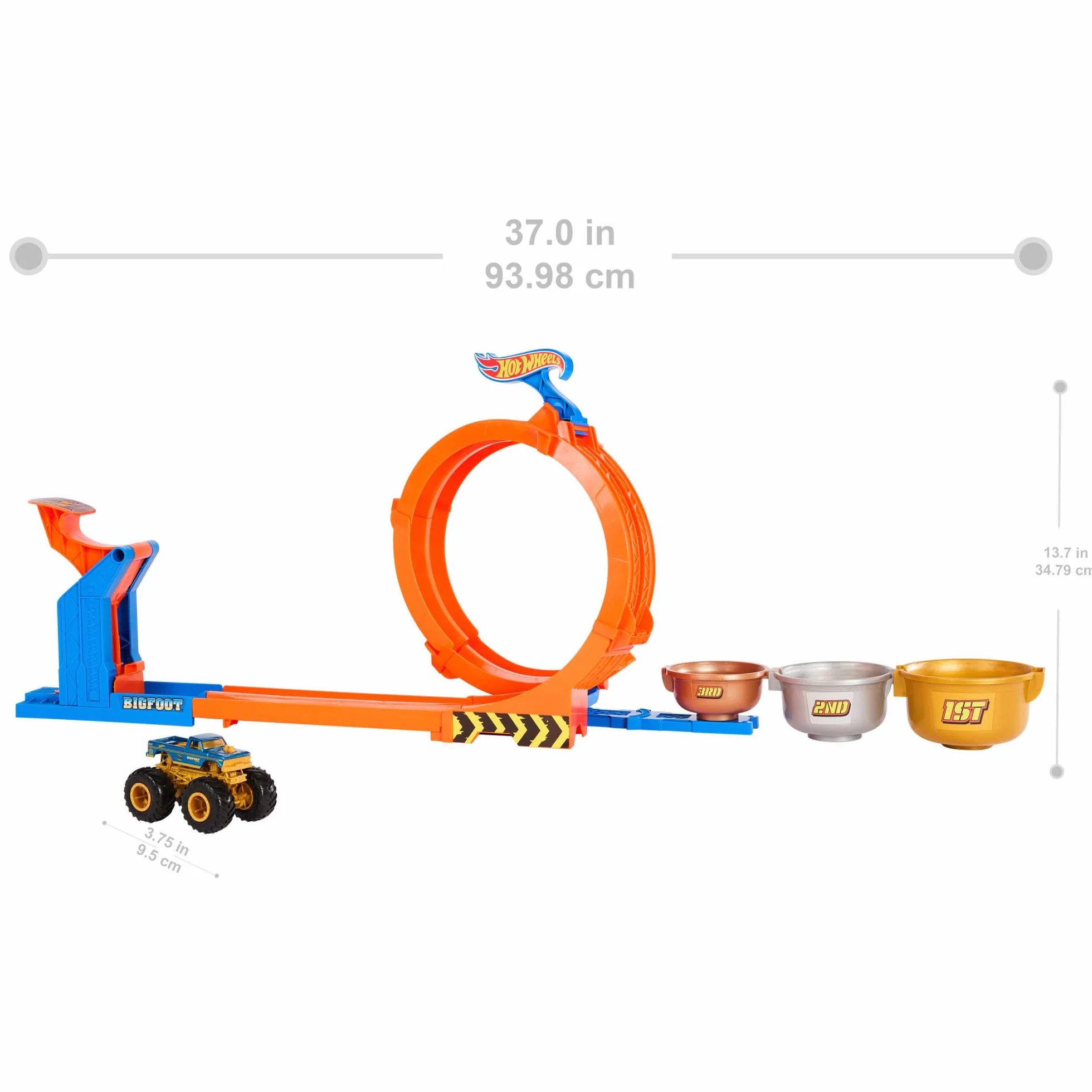 Hot Wheels Monster Trucks - Sfida Trofeo Gira e Capovolgi, playset con 2 modalità di gioco, pista e truck Bigfoot 50° anniversario incluso, giocattolo per bambini, 4+ anni, JBX64