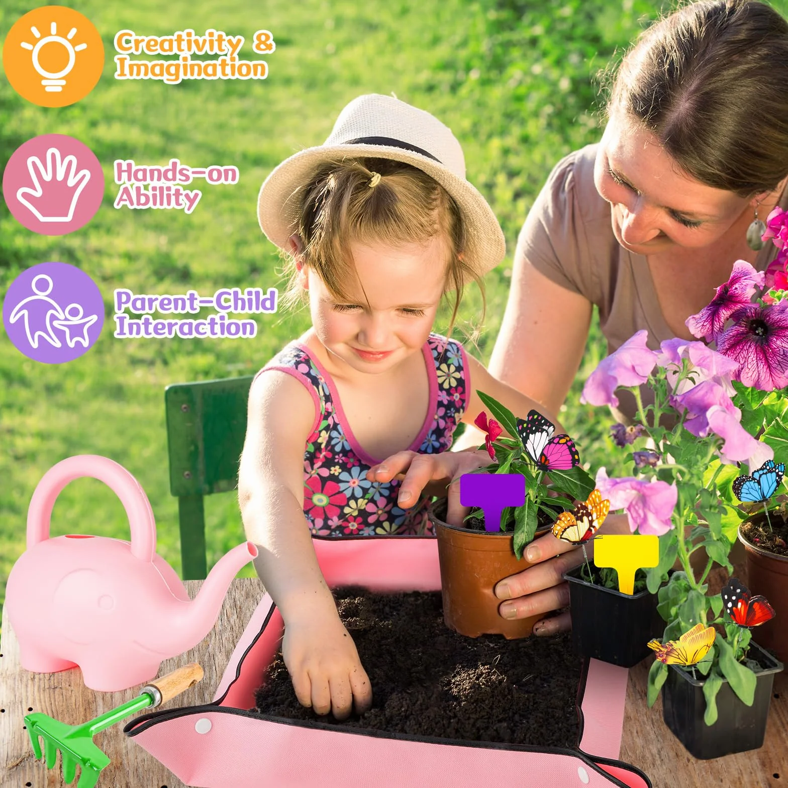 deAO Set di Attrezzi da Giardinaggio, per Bambini, inlcuso Pala Sicura, Rastrello,Forcella, Guanti, Grembiule, Annaffiatoio e Borsa in Tela, Kit per Il Giardinaggio Adatto a Ragazzi e Ragazze, Rosa