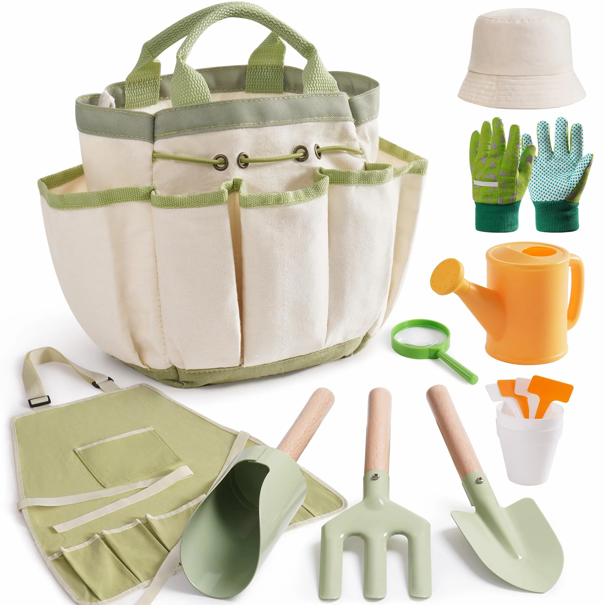 ROBOTIME Set di attrezzi da giardinaggio per bambini, 18 pezzi, kit di attrezzi da giardino per bambini con annaffiatoio, guanti, grembiule e cappelli, borsa degli attrezzi e set di metallo, regalo