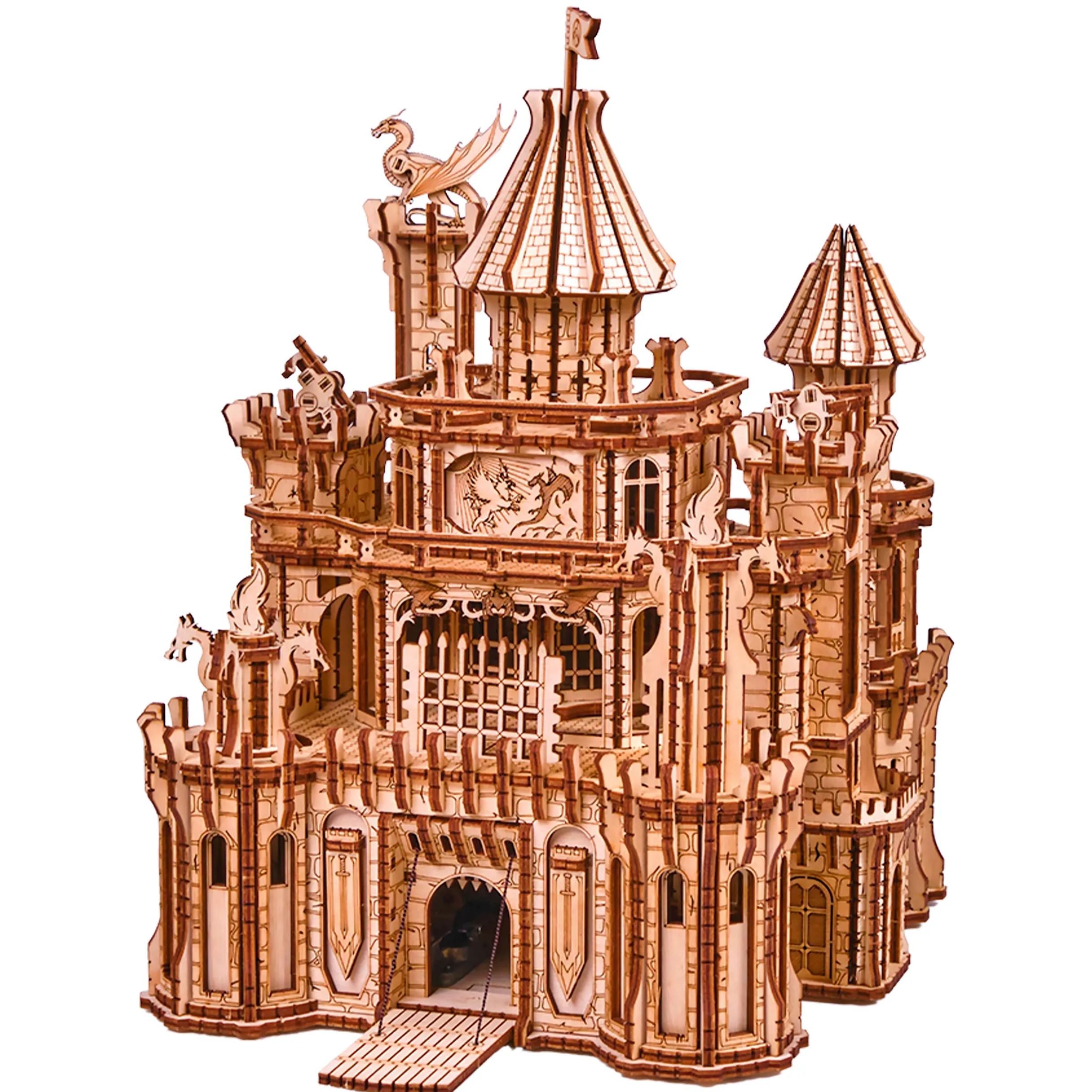 Wood Trick Dragon Castle Puzzle 3D di Legno per Adulti da Costruire | [978 Pezzi] LED Rosso e Torri Rotanti - Melodia Greensleeves - Kit di Montaggio Meccanico in Legno DIY per Adulti